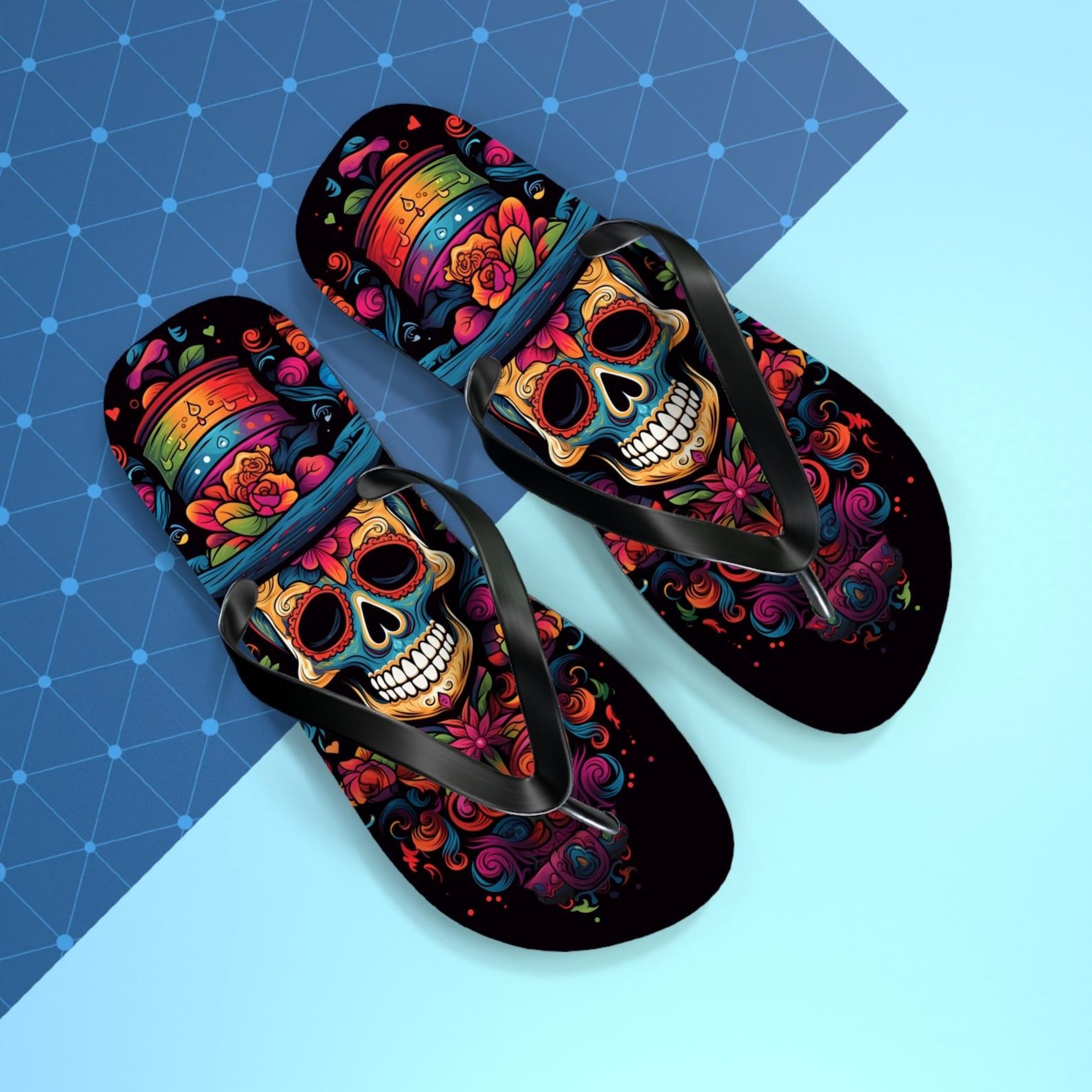 colorful skull flip flops for women & men | goth flip flops | cinco de mayo beach sandals