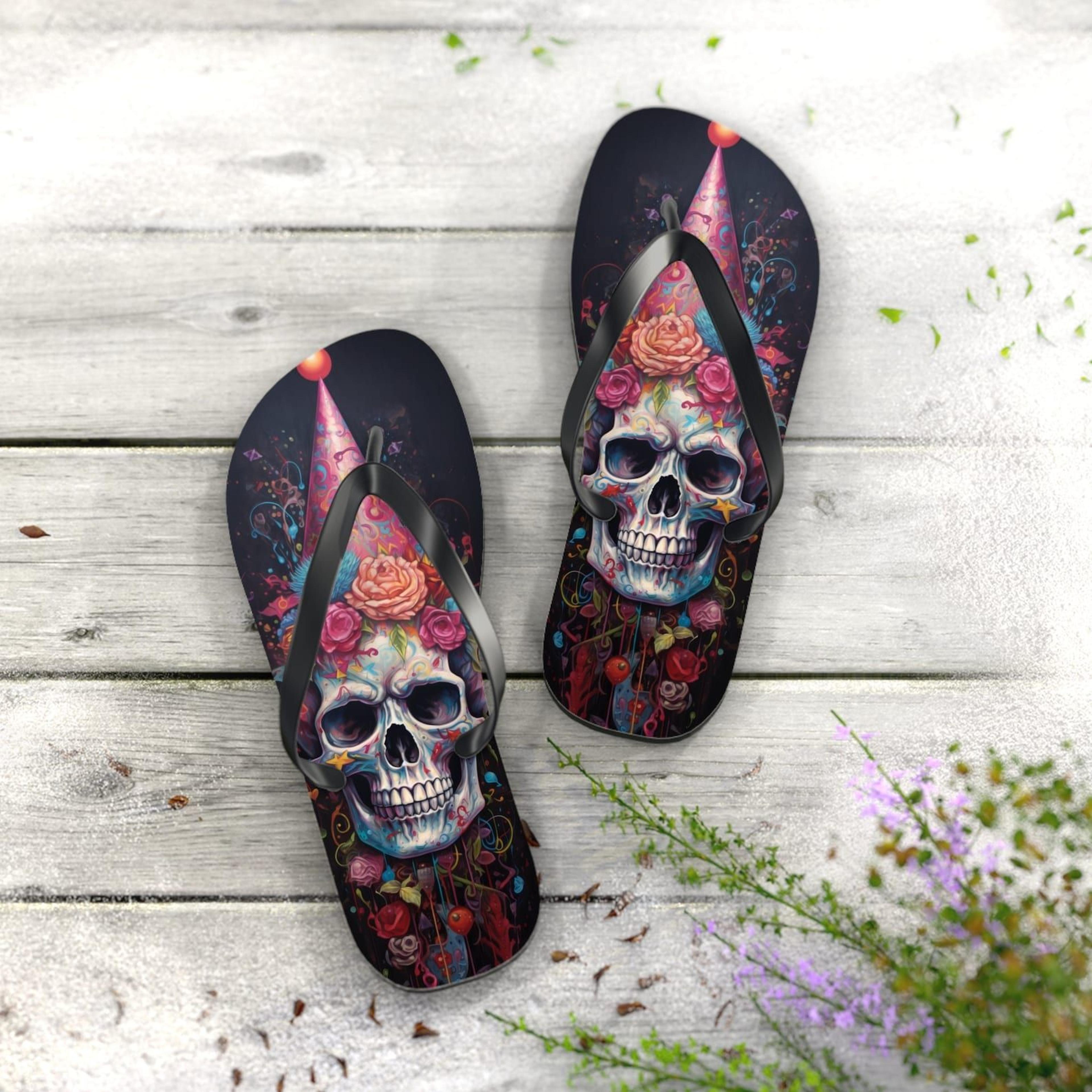 colorful party skull flip flops for women & men | skull flip flops | gothic beach summer sandals