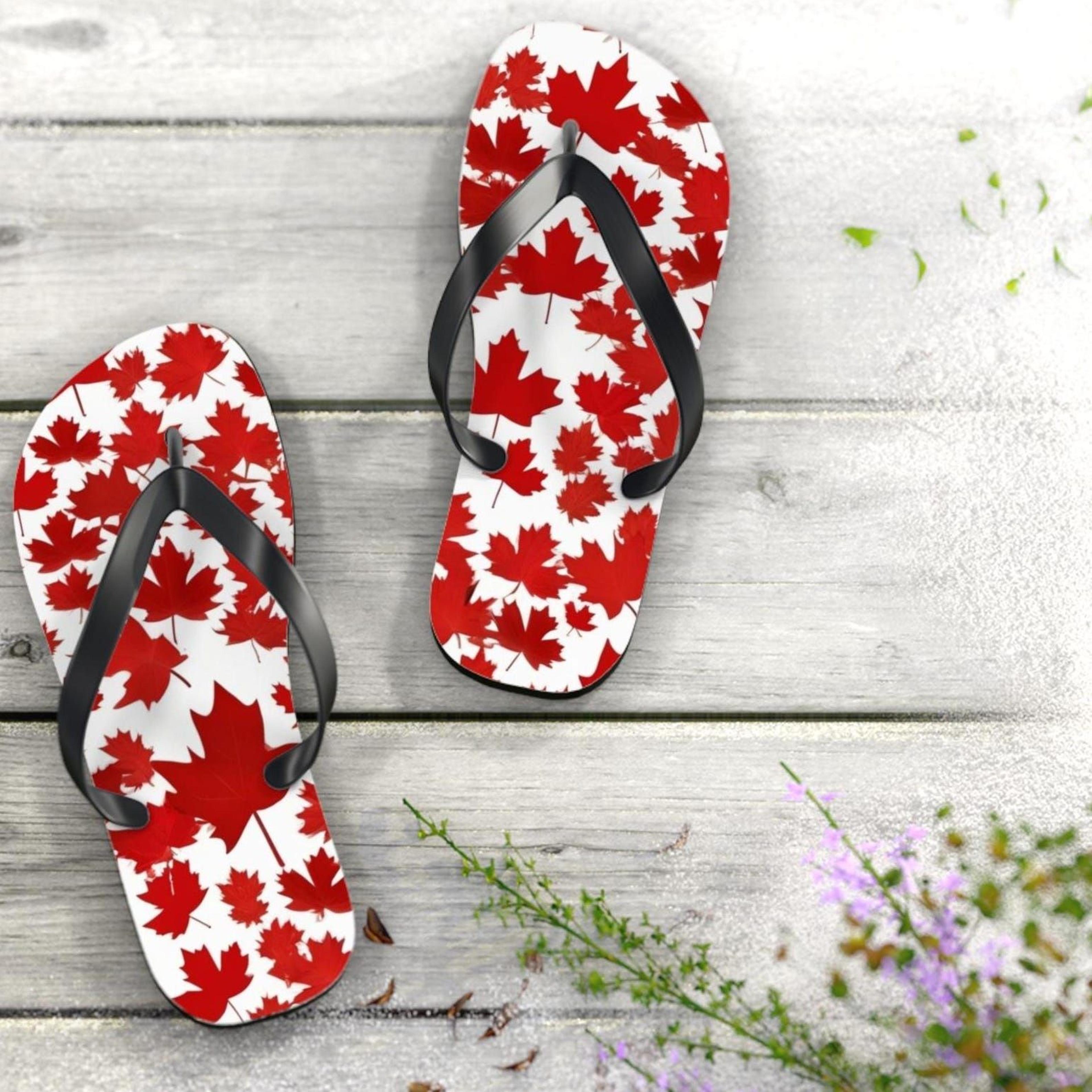 men's canada maple leaf flip flops | canada flip flops | patriotic beach sandals for camping & travel