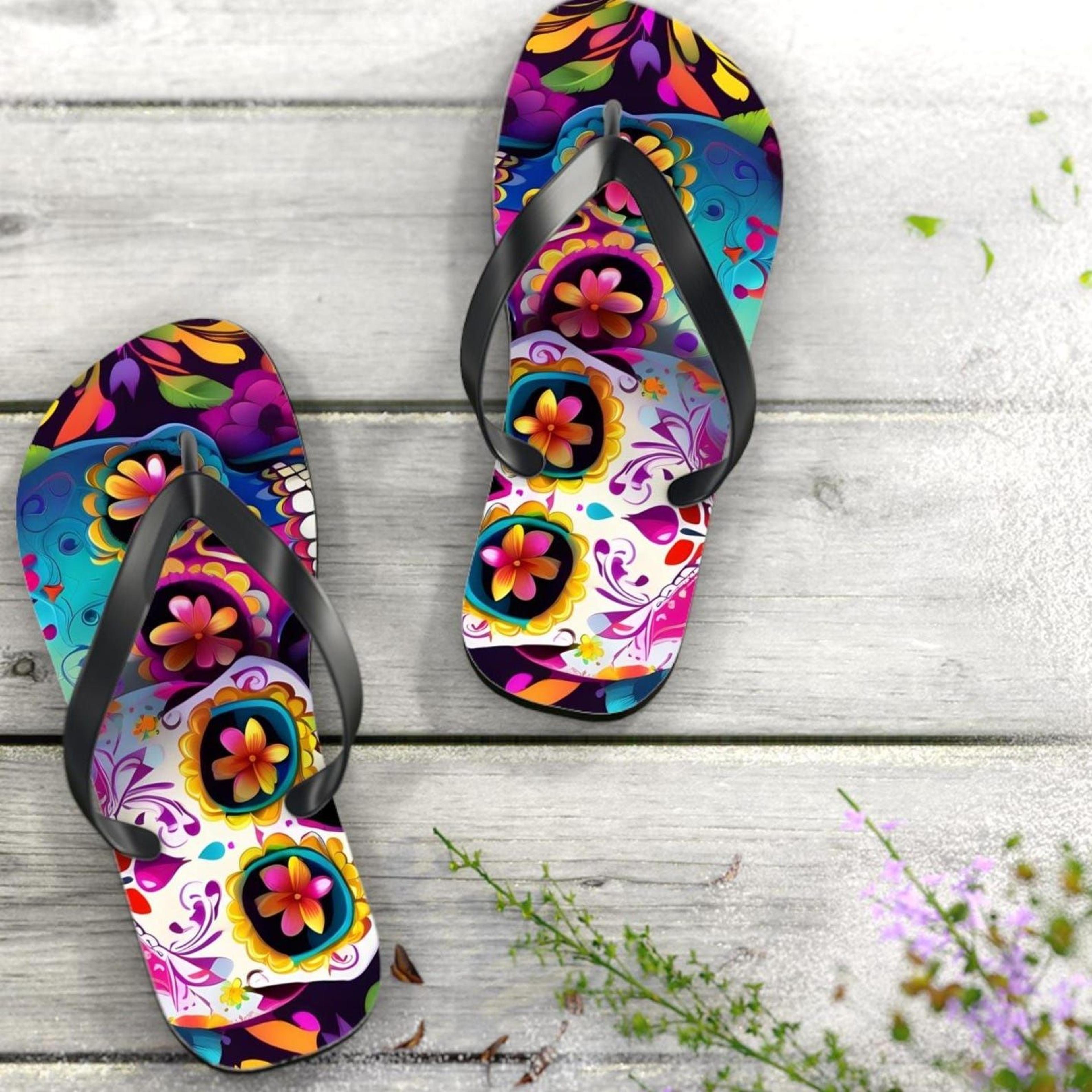 women's sugar skull flip flops | sugar skull flip flops | colorful beach summer sandals