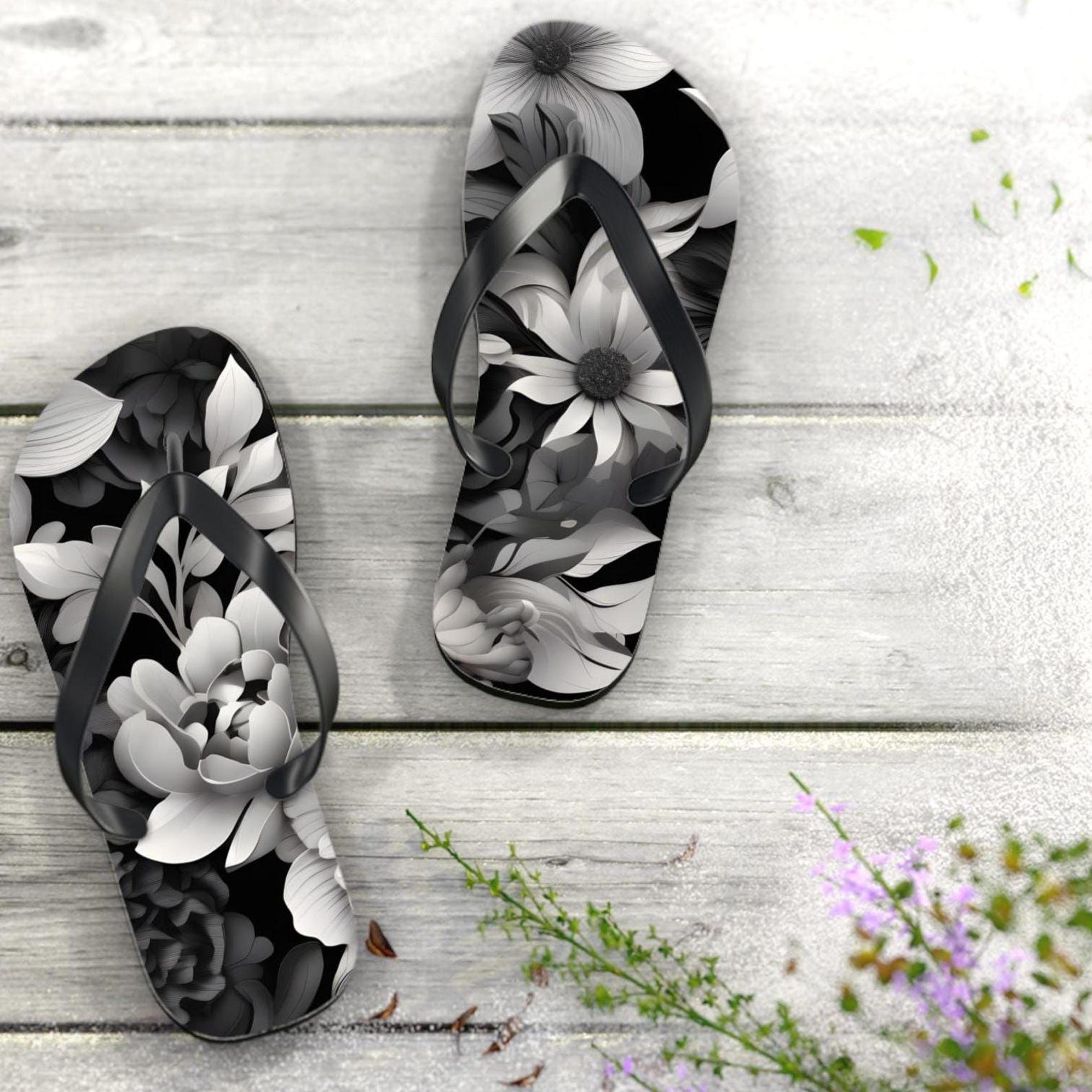 black and white floral flip flops | floral flip flops | unisex beach sandals for summer