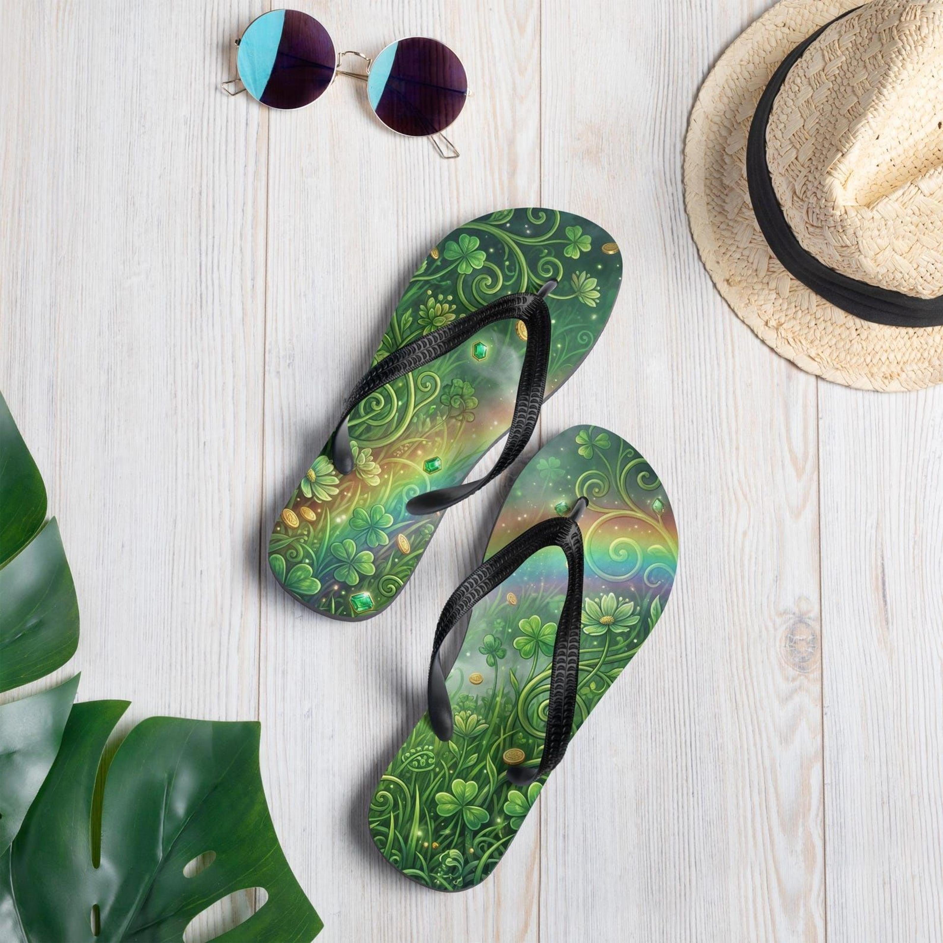 st patrick's day flip flops with shamrock rainbow design | irish lucky clover sandals