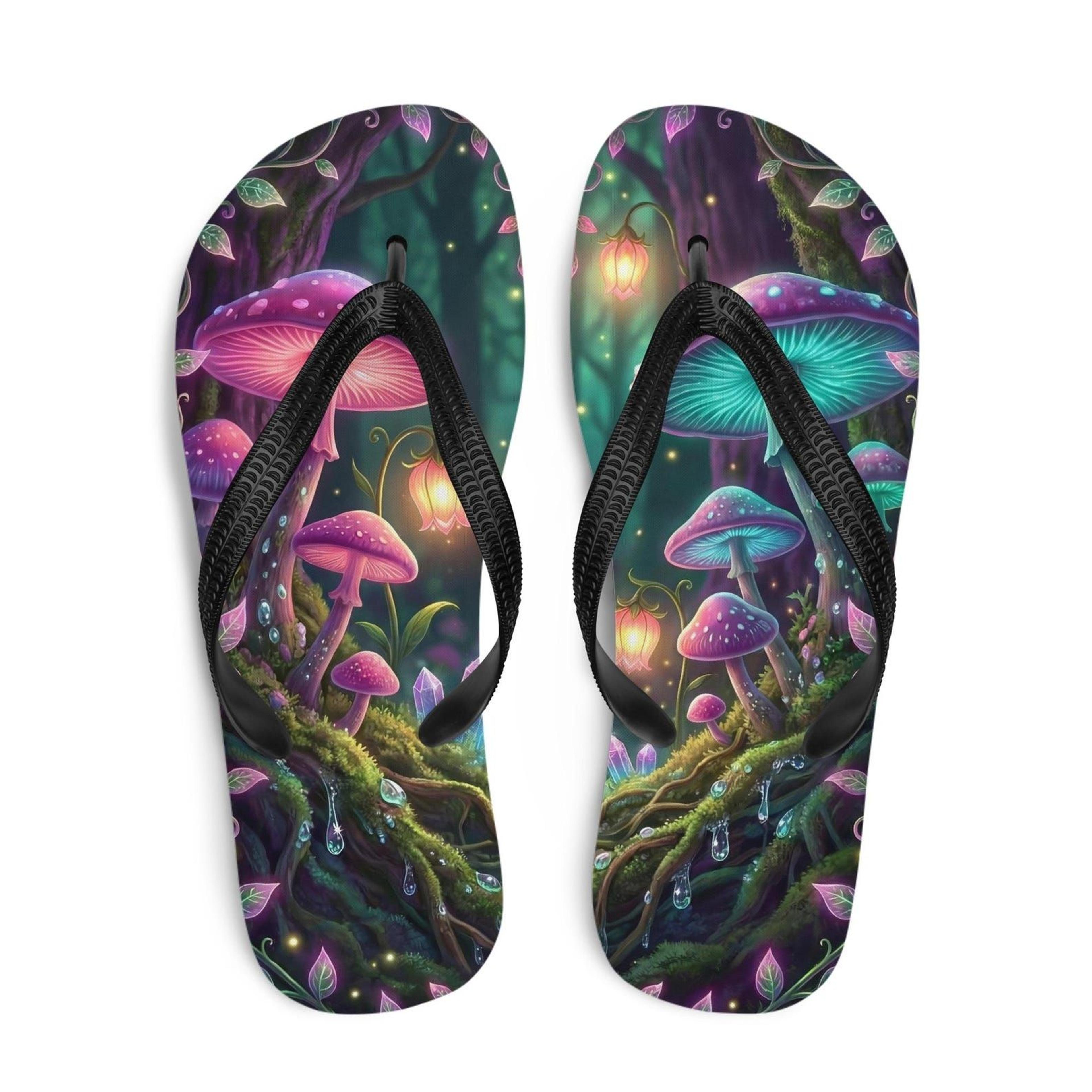 enchanted forest flip flops with glowing mushrooms | fantasy cottagecore sandals