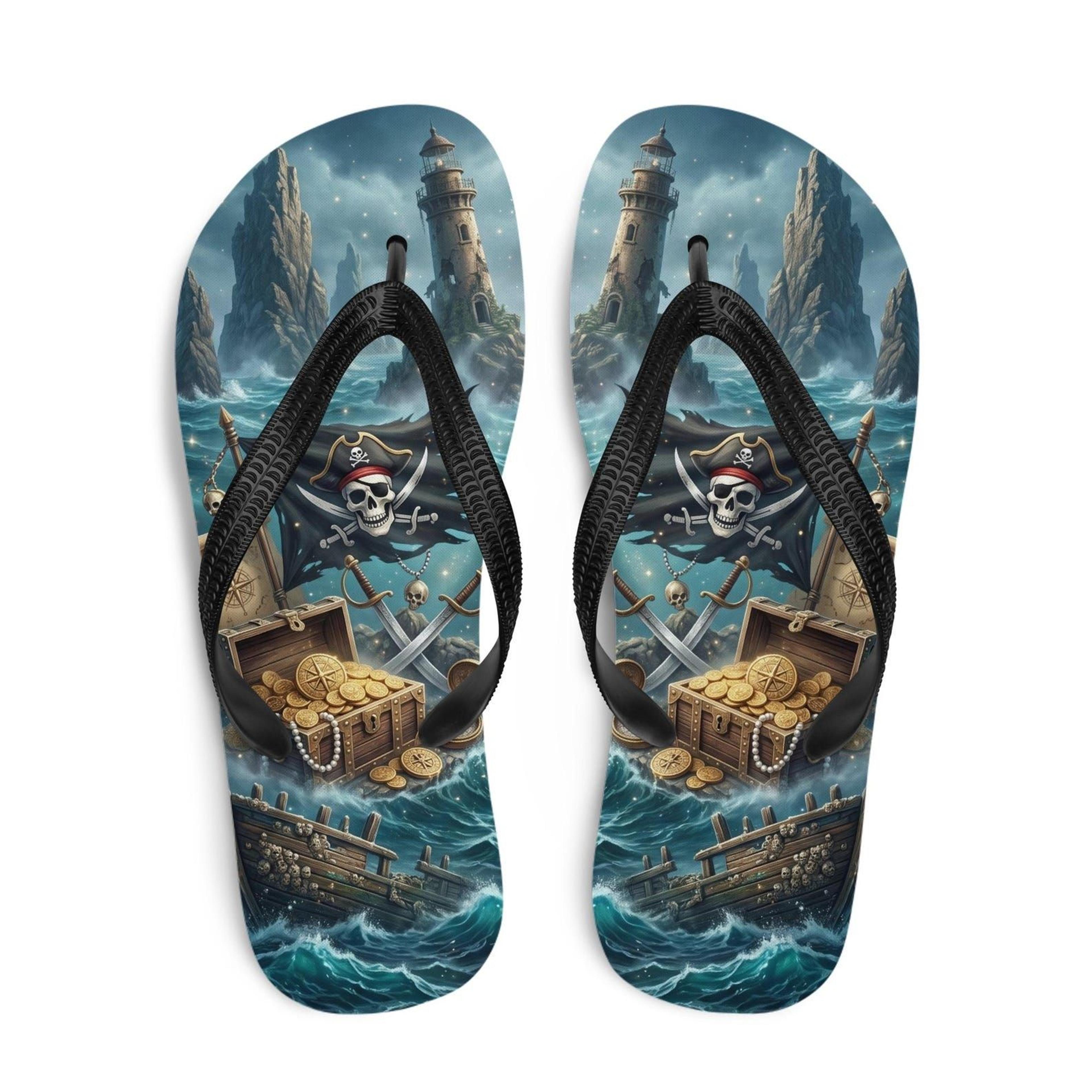 pirate flip flops with treasure chest & stormy sea | nautical beach vacation sandals