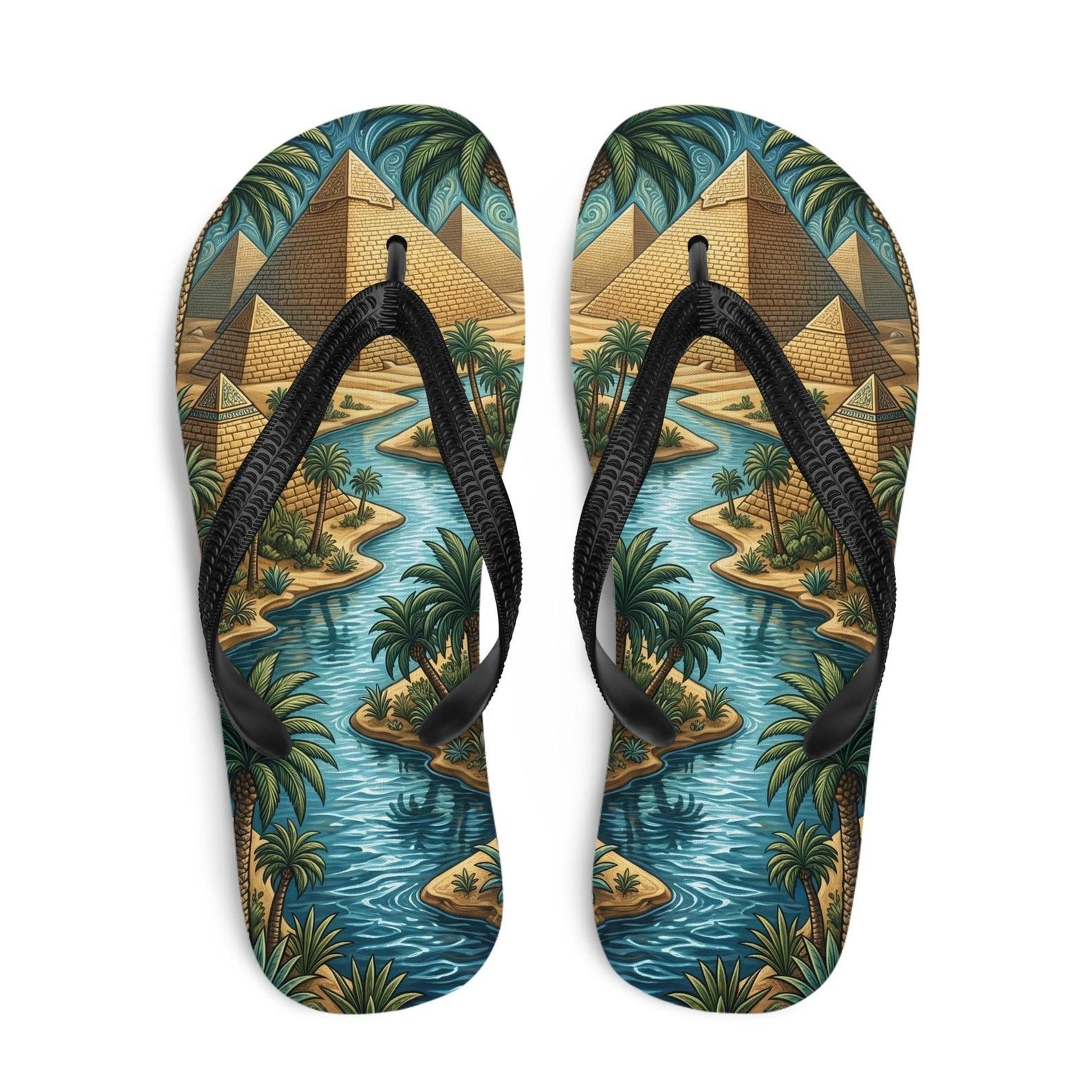 ancient egyptian flip flops with pyramid & nile river design | egyptian sandals for travel & summer