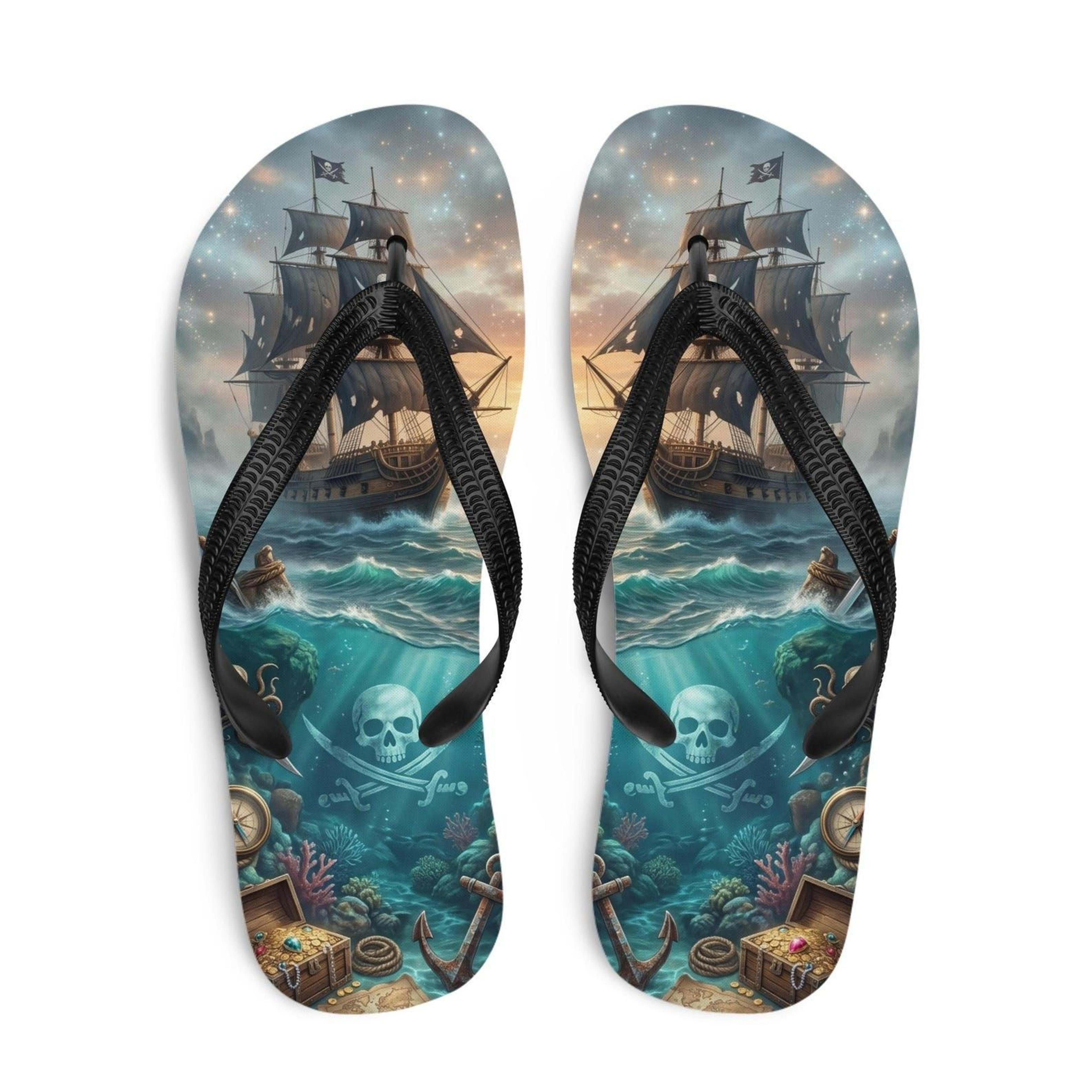 pirate ship flip flops with undersea treasure design | nautical ocean adventure sandals