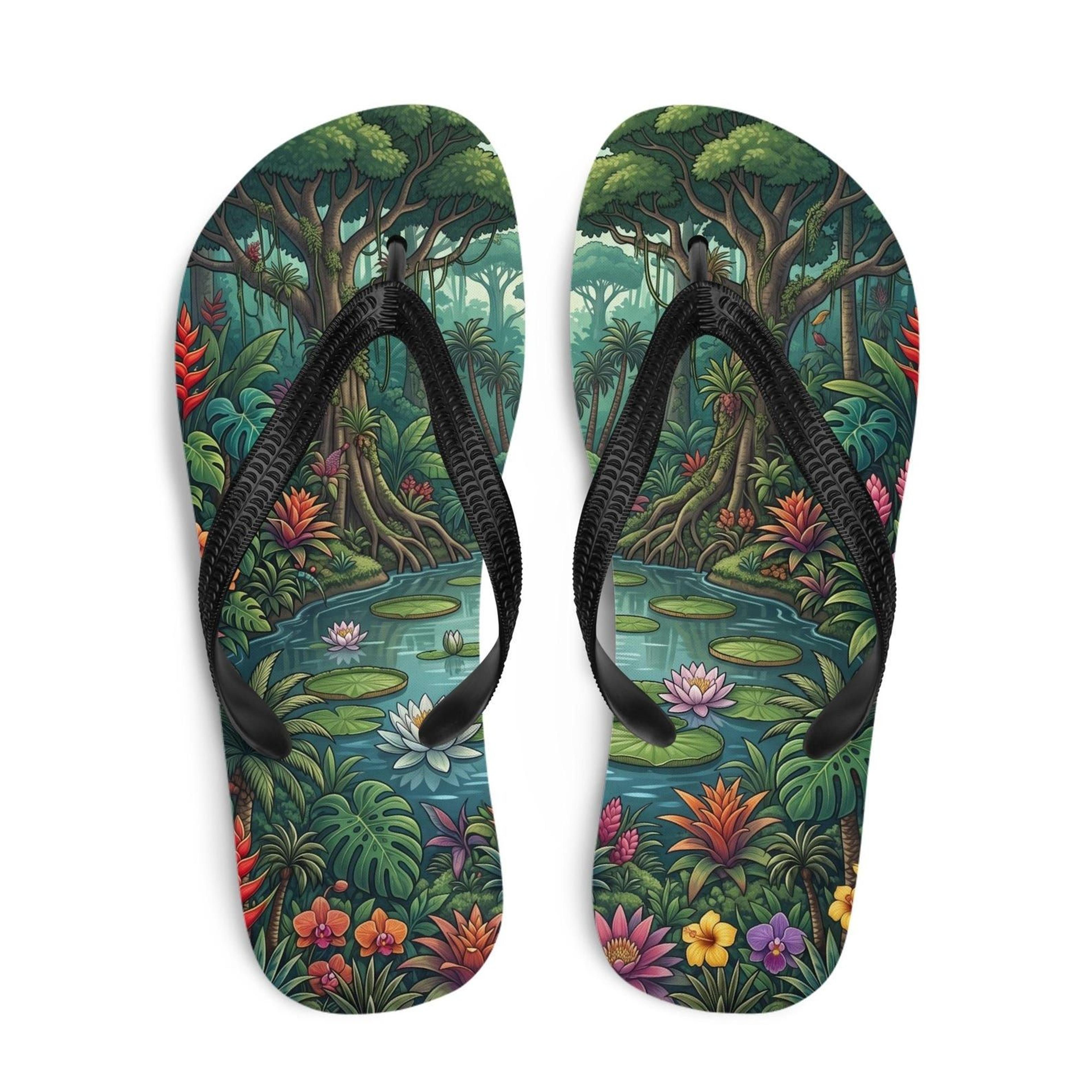 jungle flip flops with tropical rainforest lagoon design | nature beach summer sandals