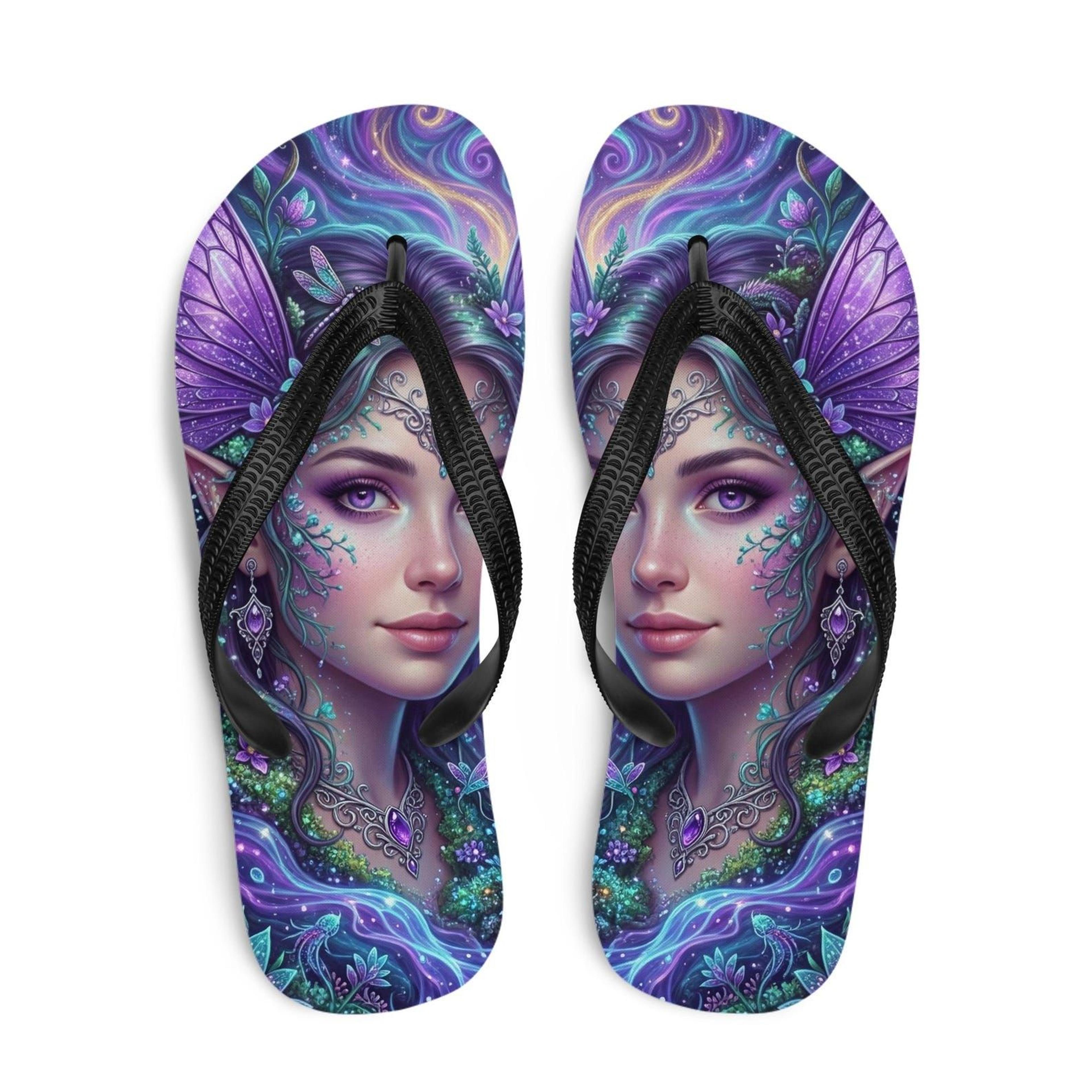 fairy flip flops with magical purple fae design | fantasy fairycore enchanted forest sandals