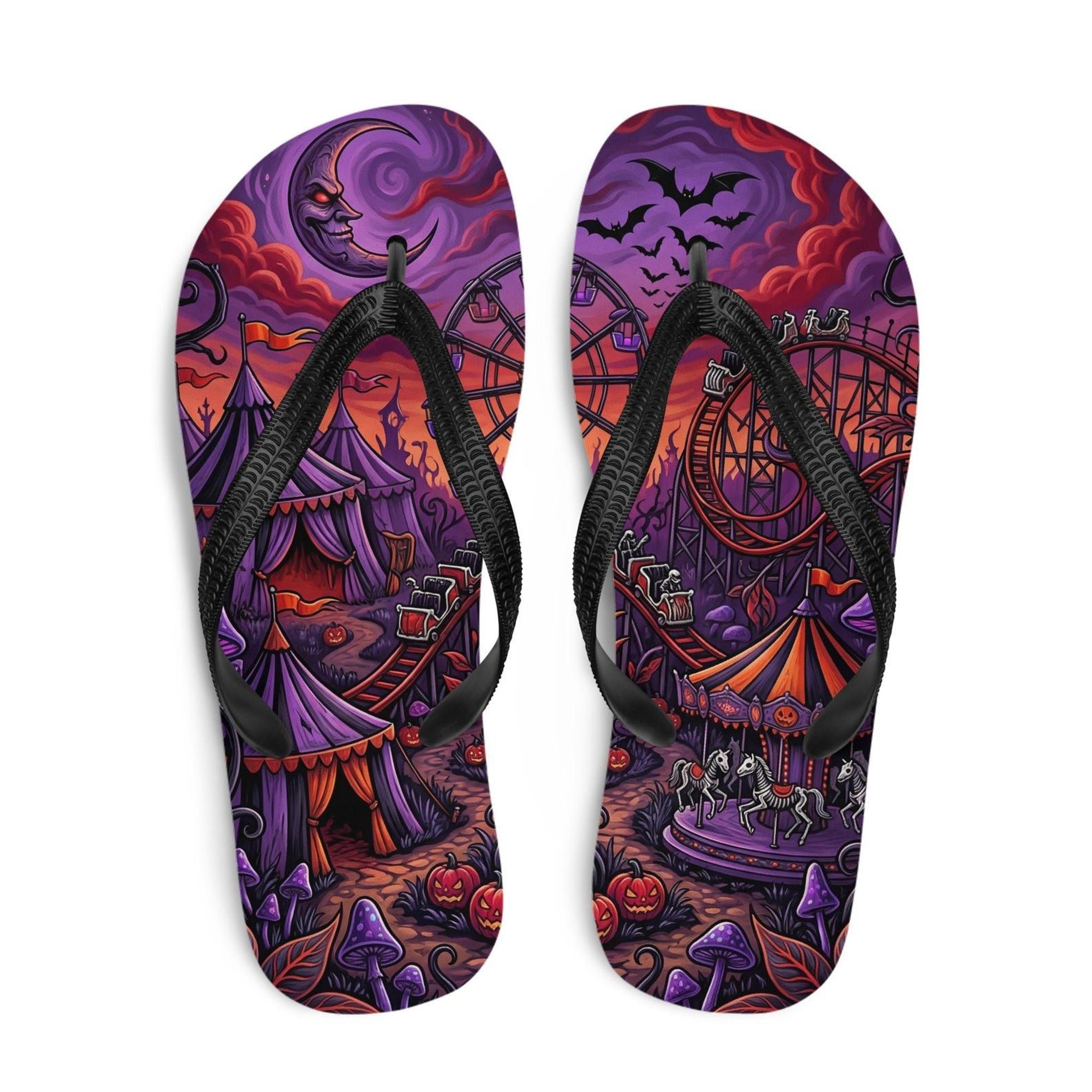 halloween flip flops with spooky carnival design | haunted carnival amusement park sandals