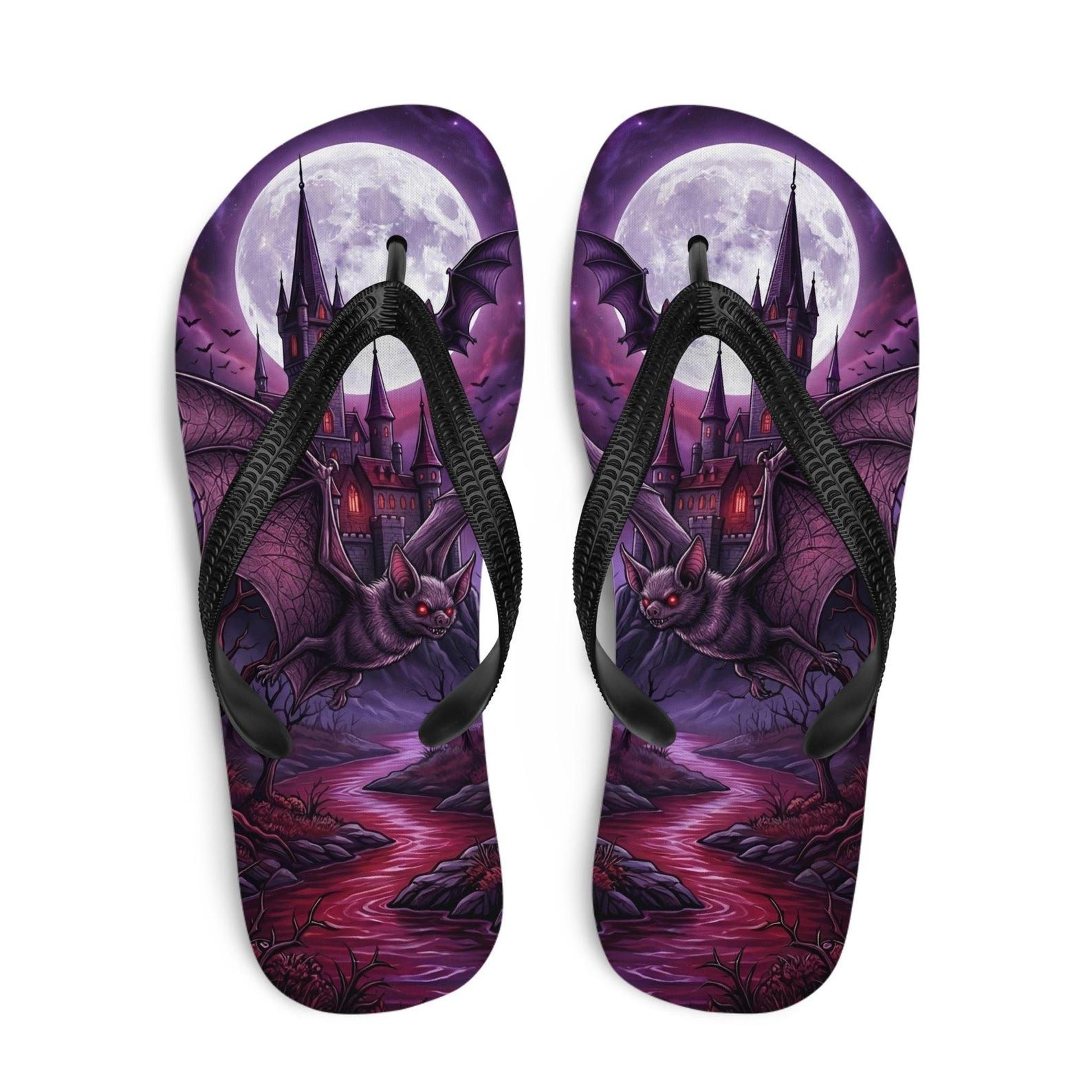 gothic flip flops with vampire bat & haunted castle design | dark fantasy halloween sandals