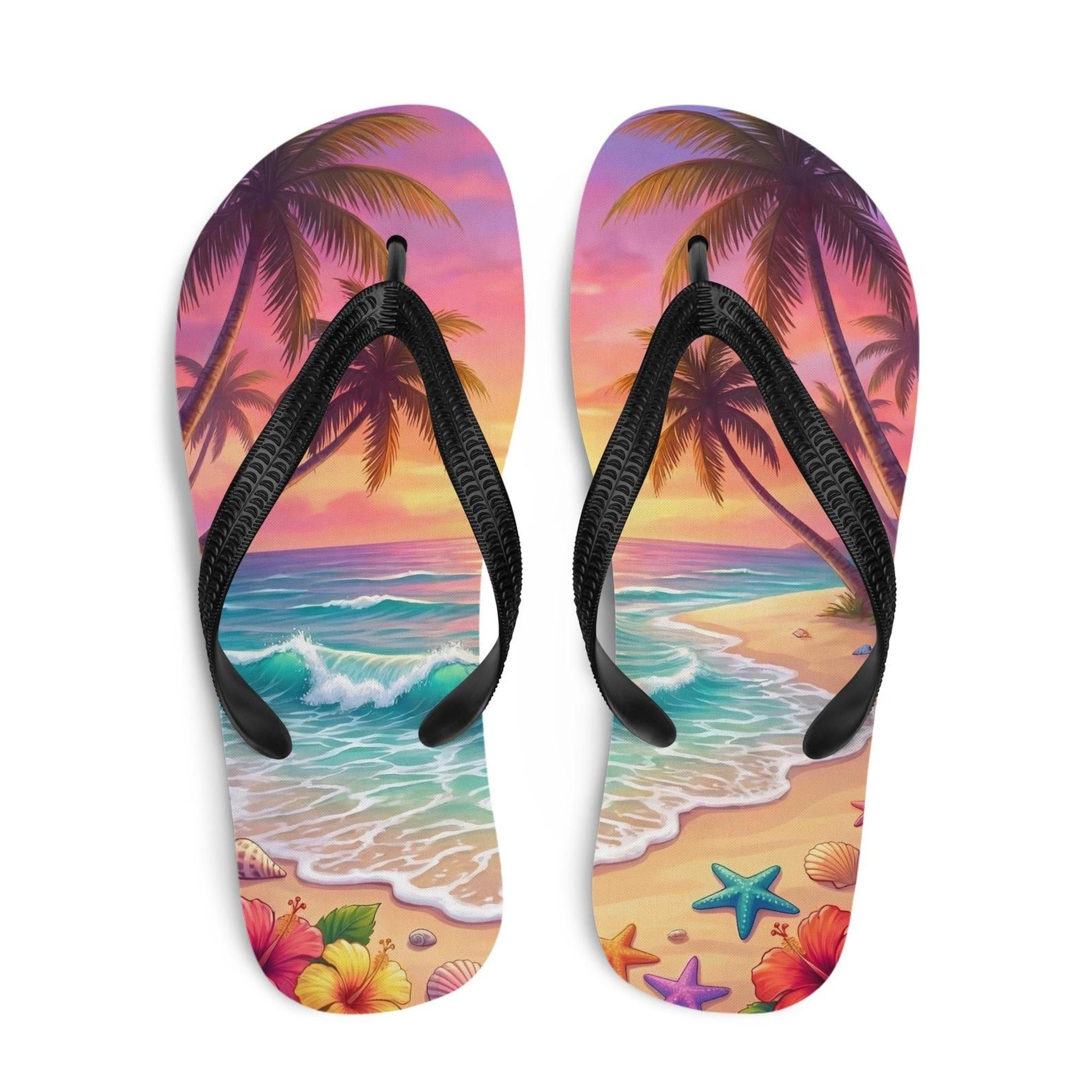 tropical beach flip flops with sunset ocean wave design | beach vacation summer sandals