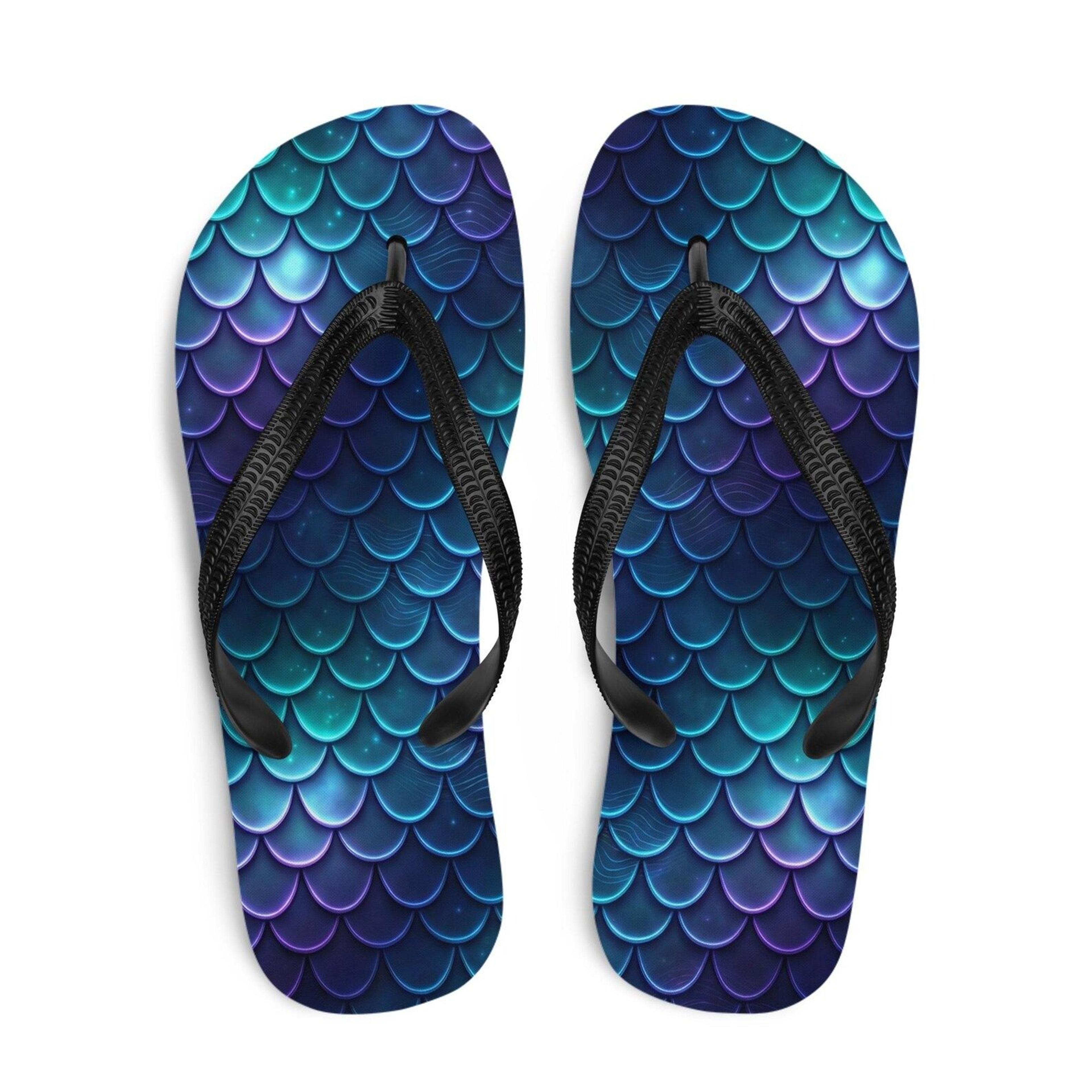 mermaid flip flops with iridescent blue purple design | ocean mermaid beach summer sandals
