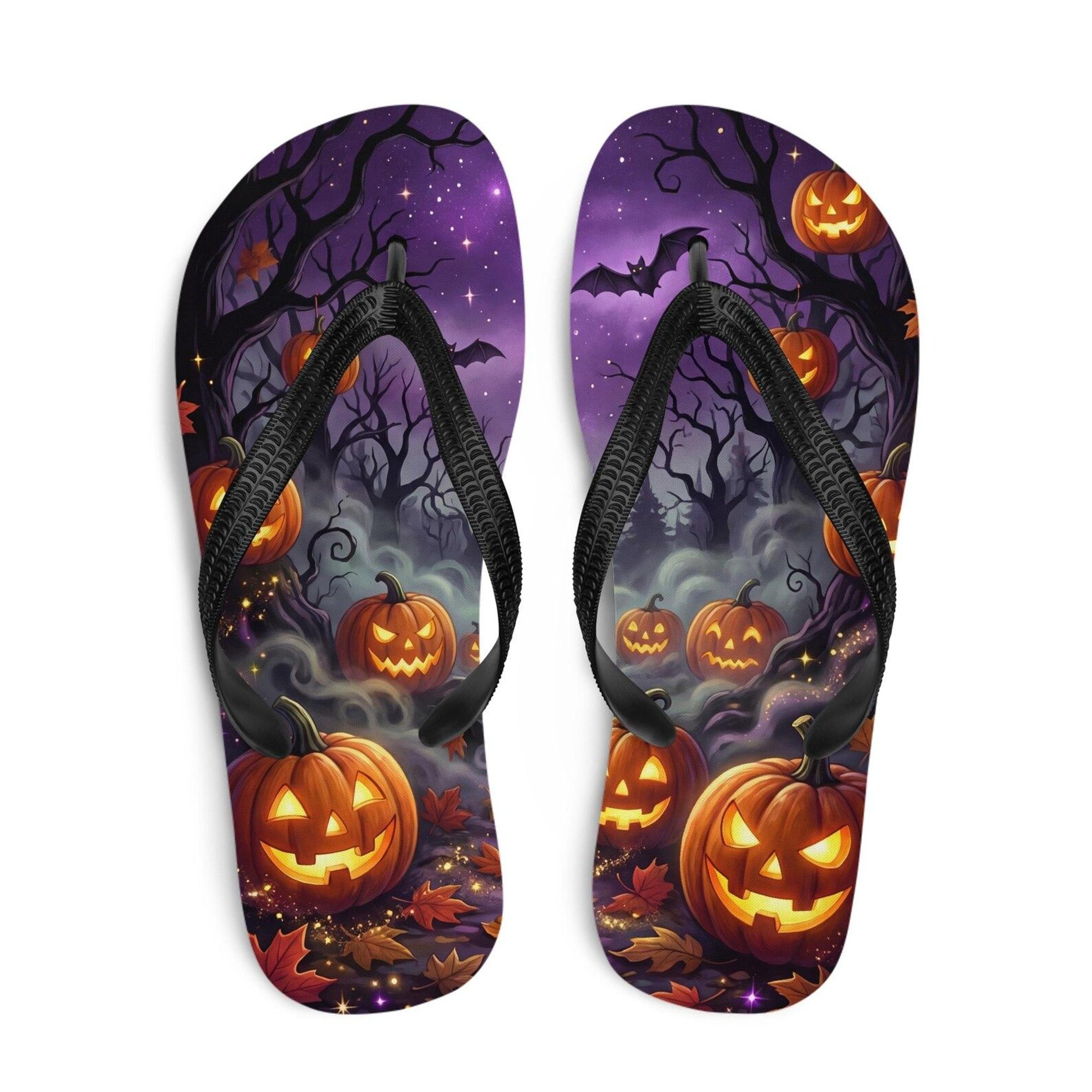 halloween flip flops with gothic autumn pumpkin design | spooky season fall sandals