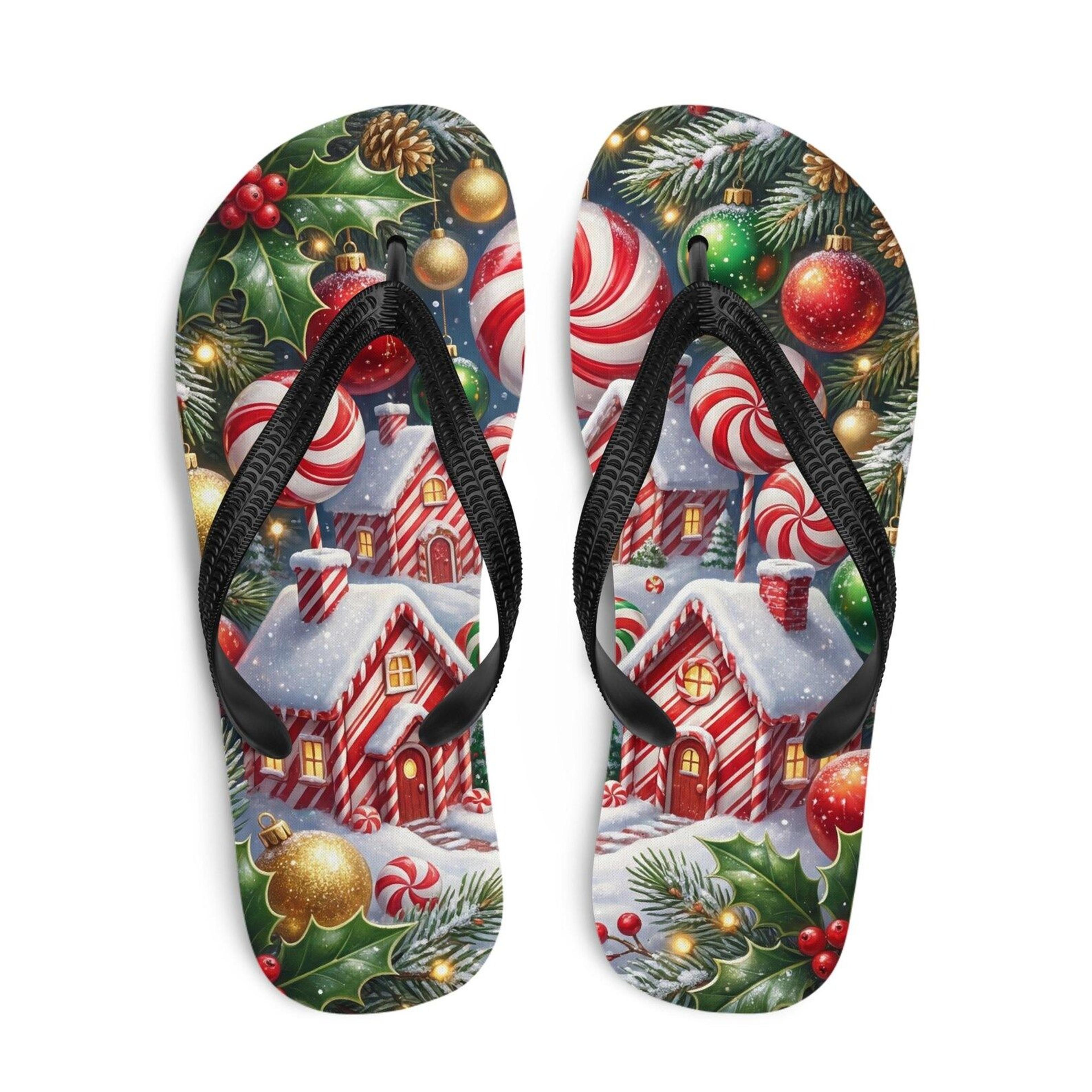 christmas flip flops with festive peppermint village design | holiday beach sandals