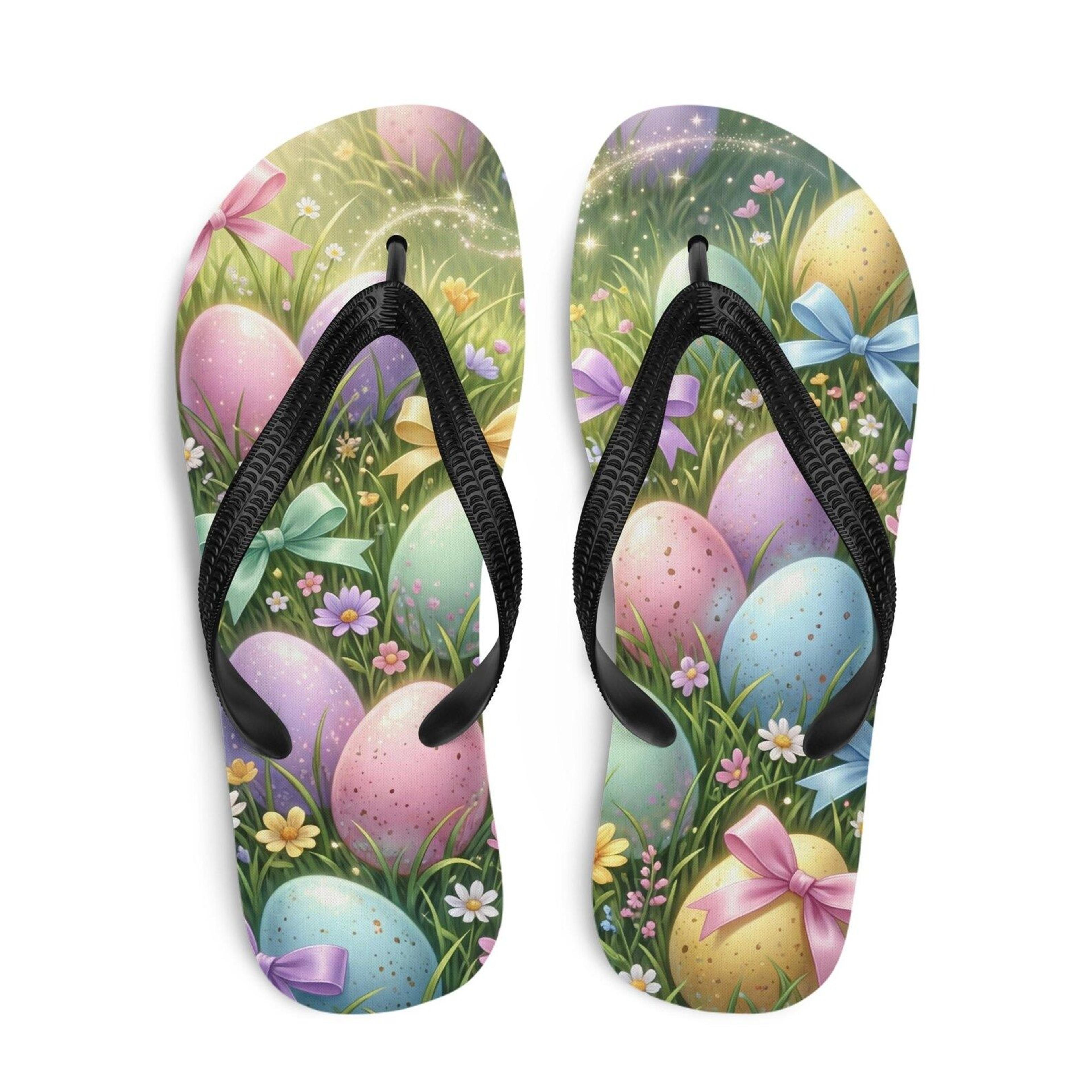 easter flip flops with floral spring easter egg meadow design | holiday spring sandals