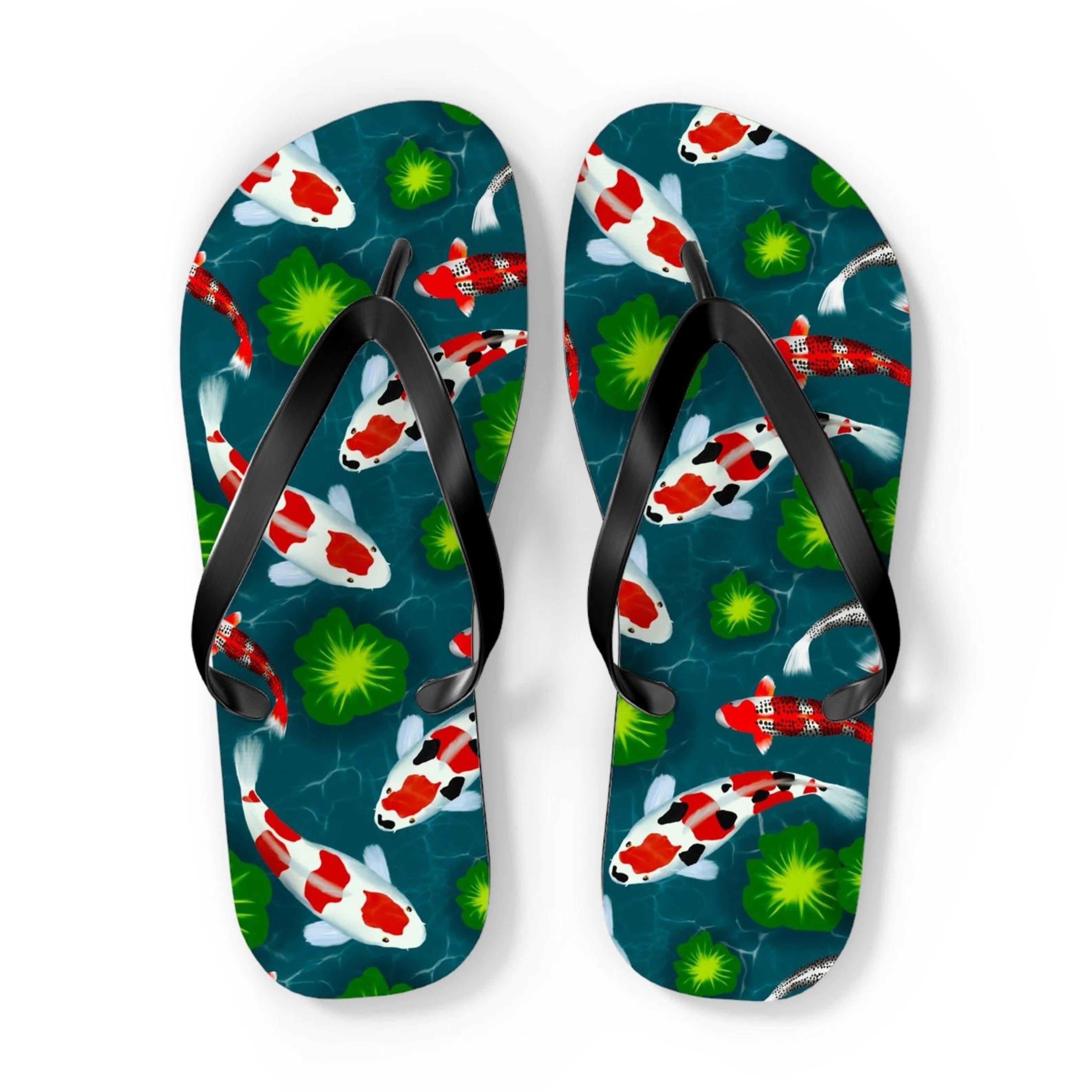 japanese koi fish flip flops with lily pad pond design | zen aesthetic nature sandals