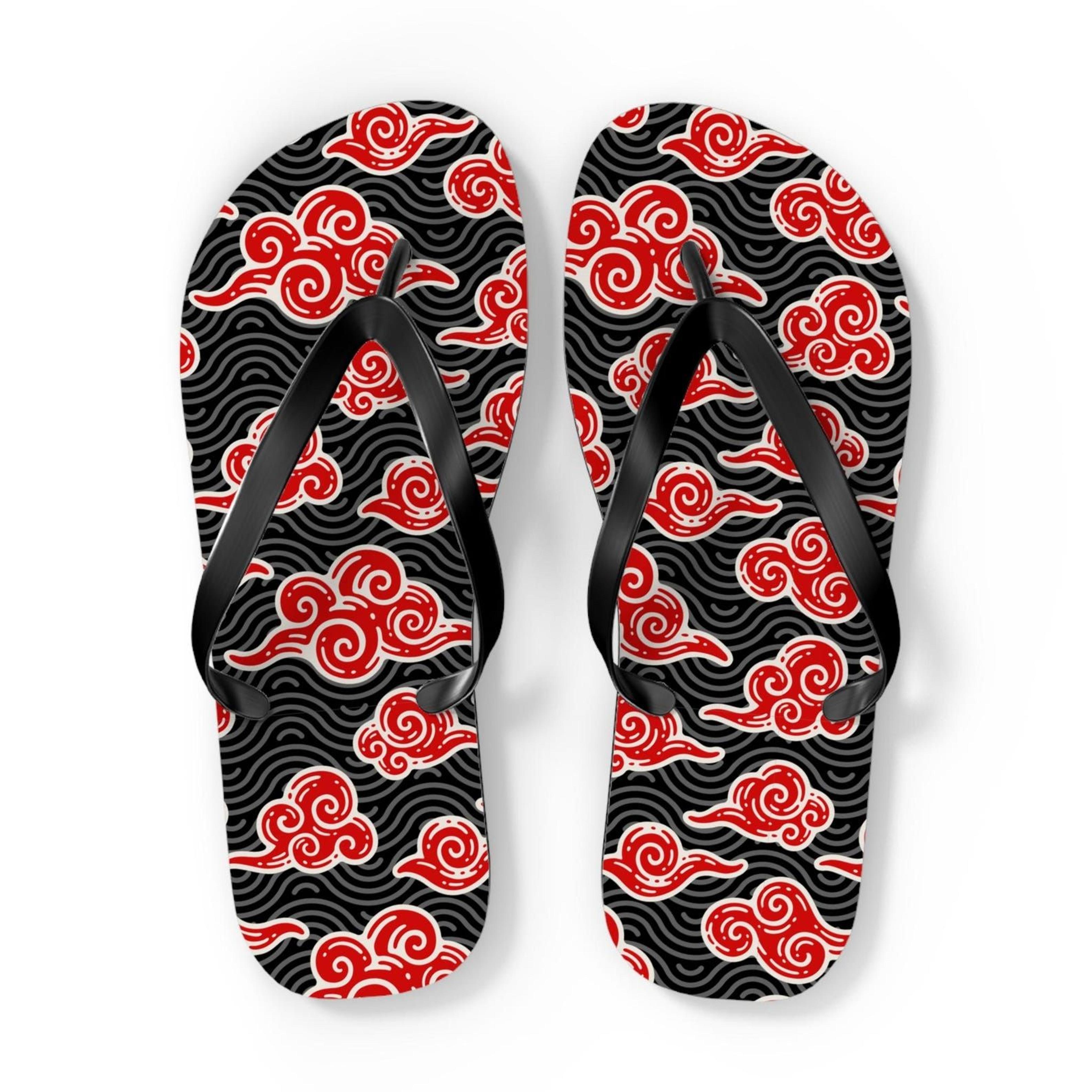 japanese cloud flip flops with red black wave design | traditional asian art summer sandals