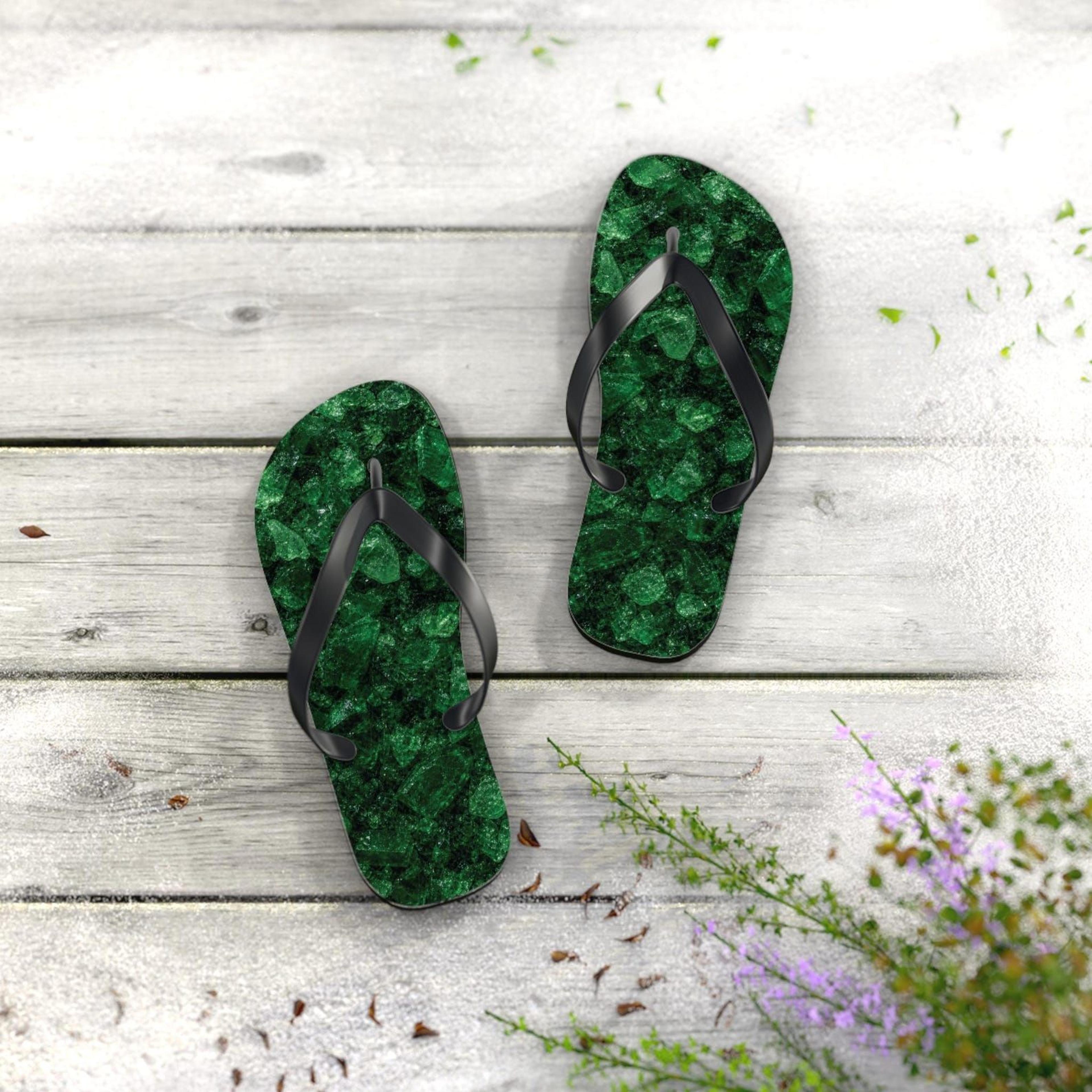 dark green crystal pattern flip flops for women & men | emerald beach sandals | crystal flip flops