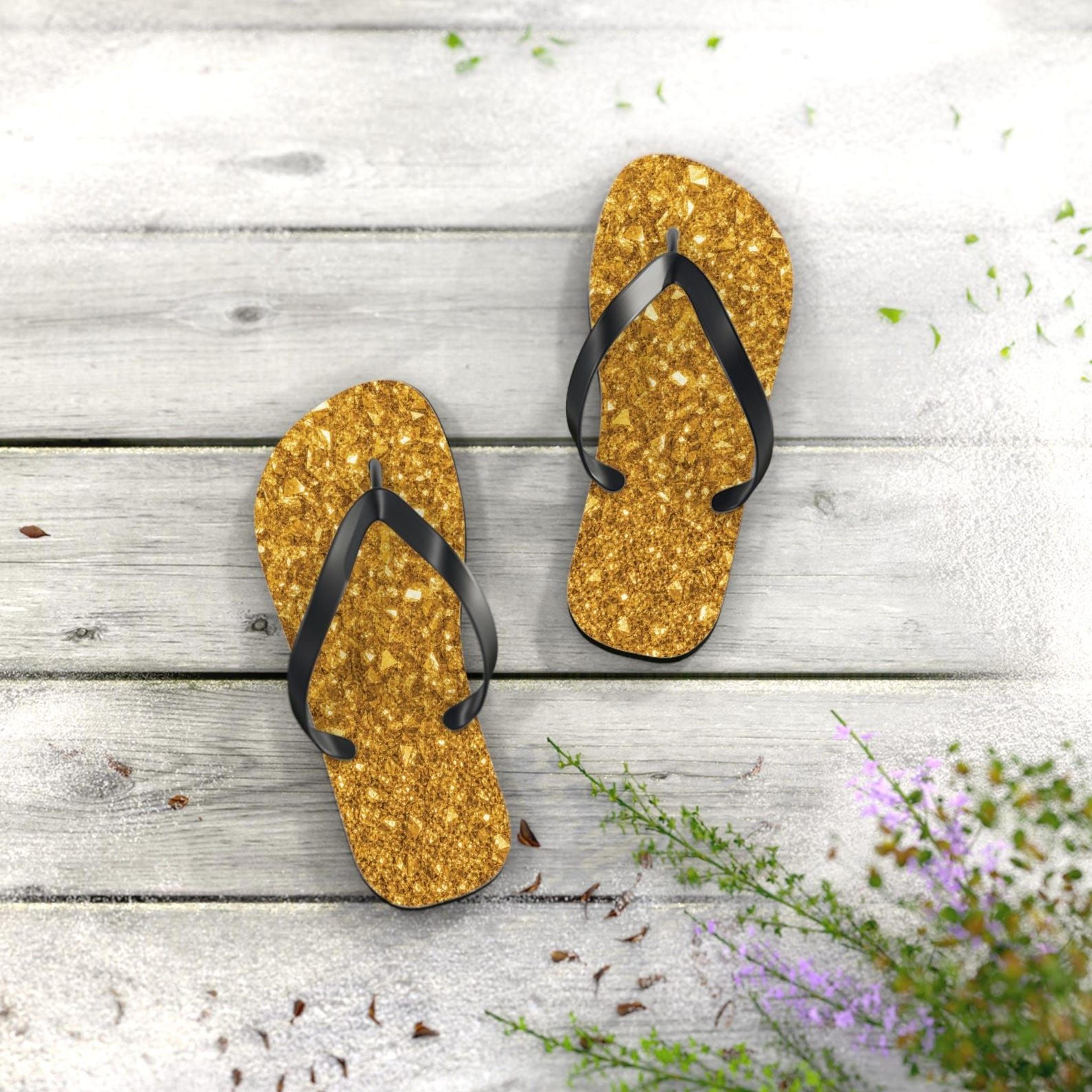 gold crystal texture flip flops for women & men | sparkle beach sandals | crystal flip flops
