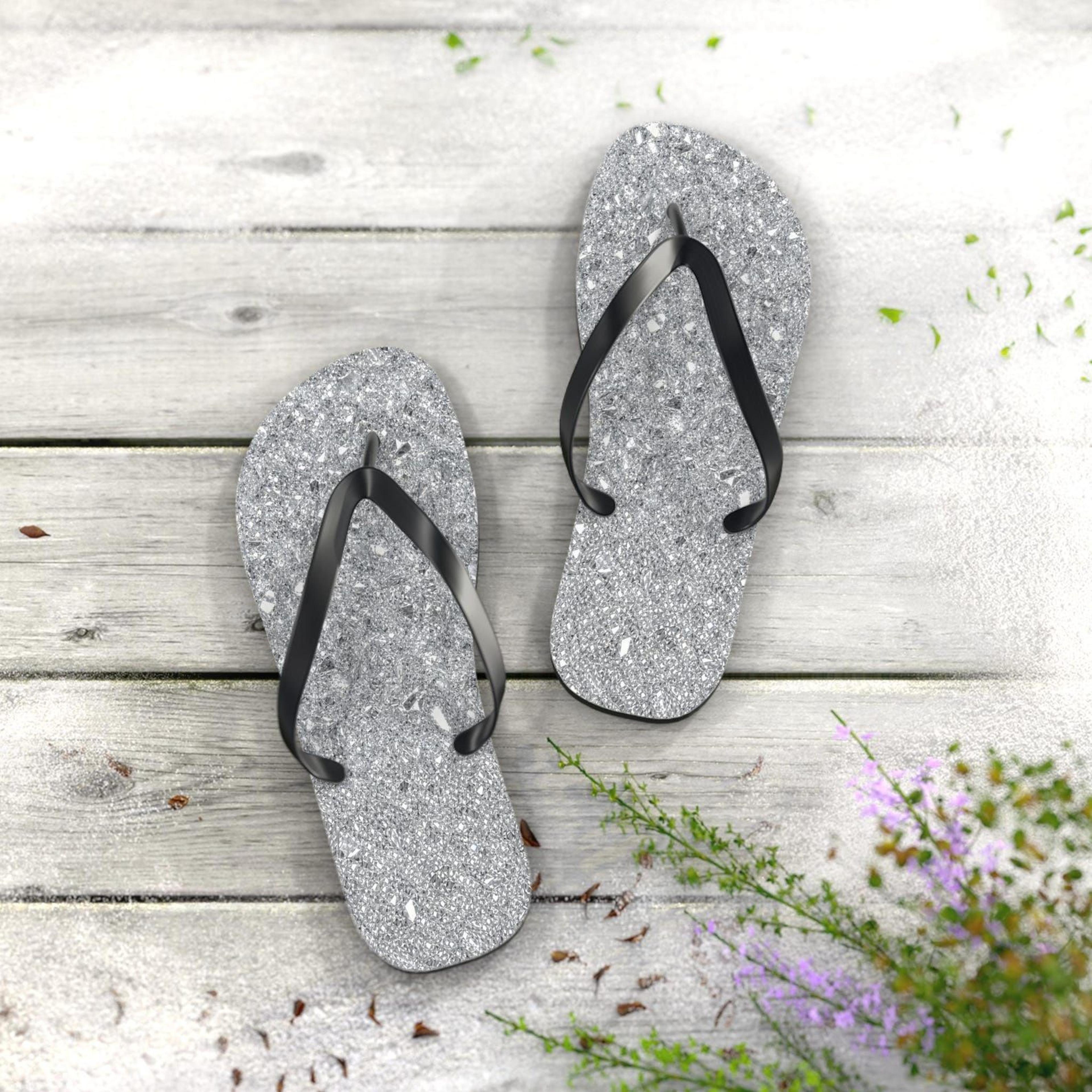 silver crystal texture flip flops for women & men | beach flip flops | crystal print sandals