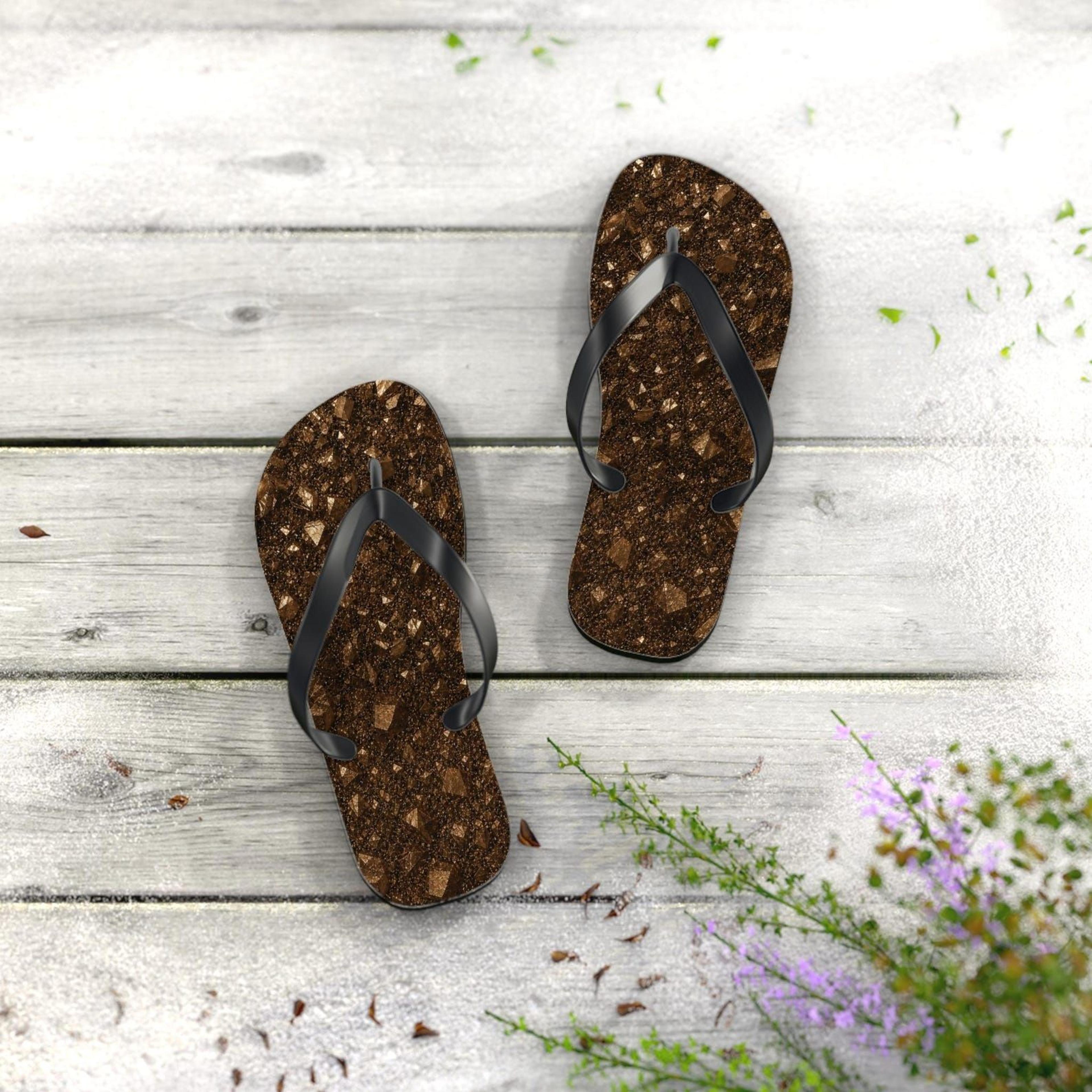 bronze crystal texture flip flops for women & men | beach flip flops | brown crystal sandals