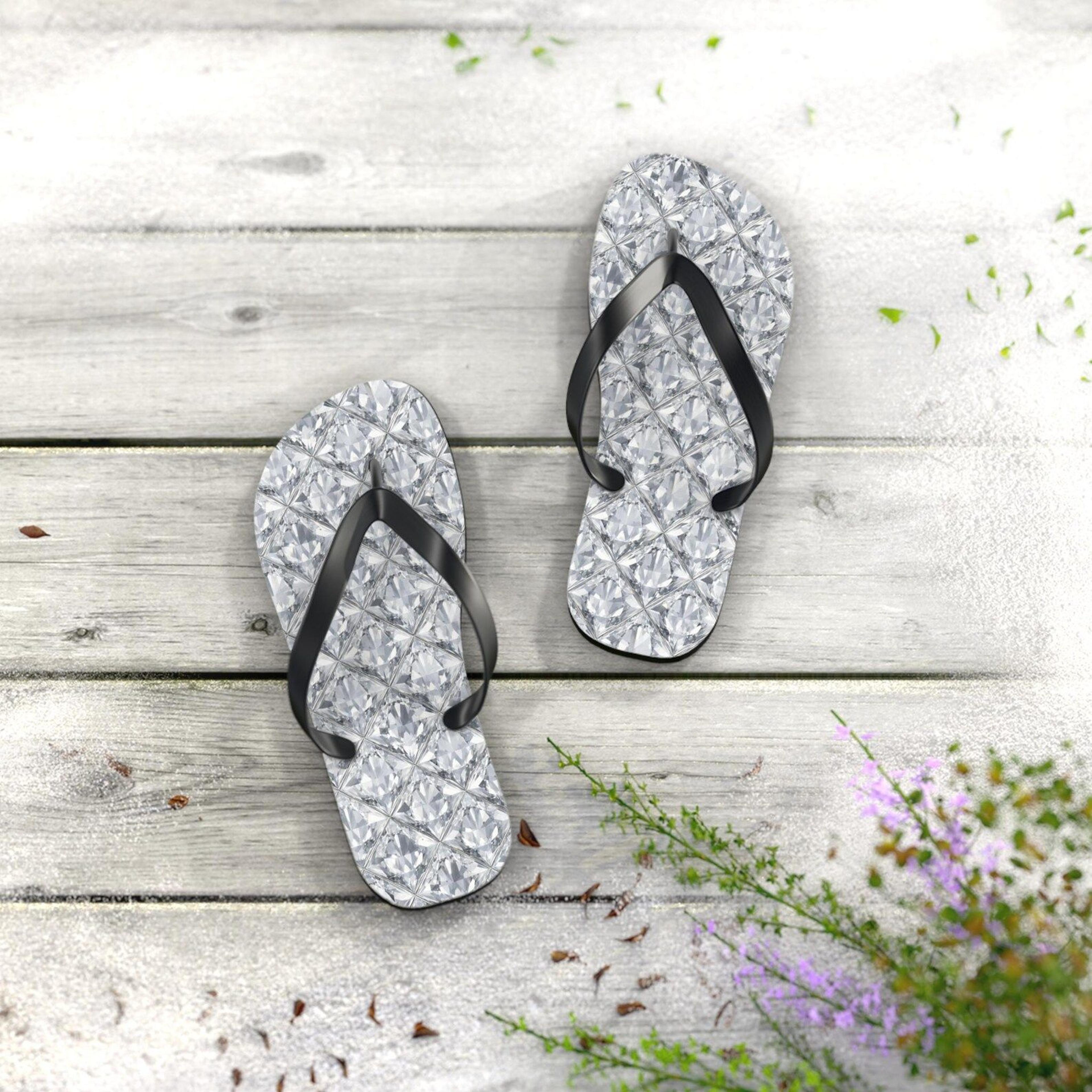 silver diamond texture flip flops for women & men | sparkle beach sandals | crystal flip flops