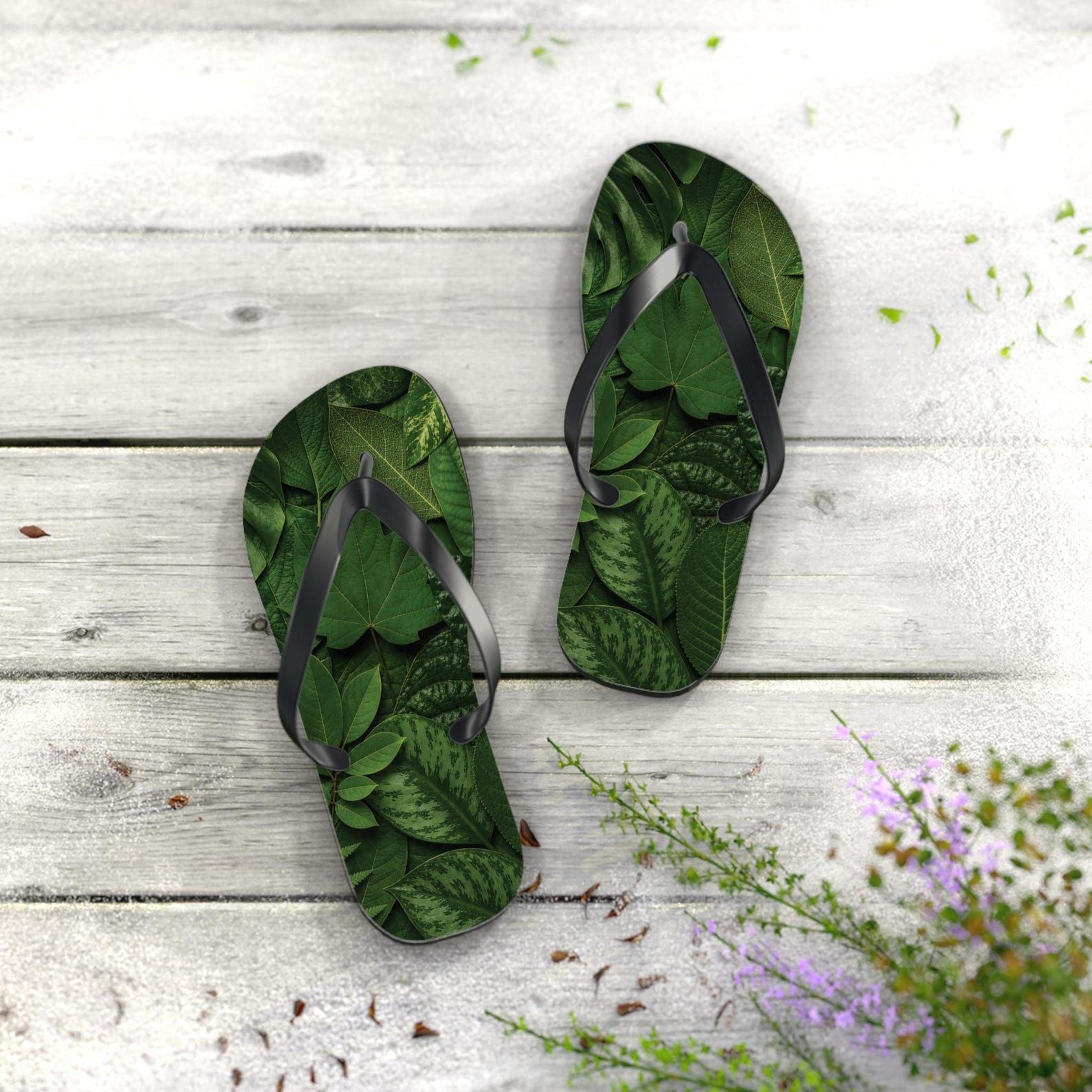 tropical green leaves flip flops for women & men | botanical leaf print sandals | beach flip flops