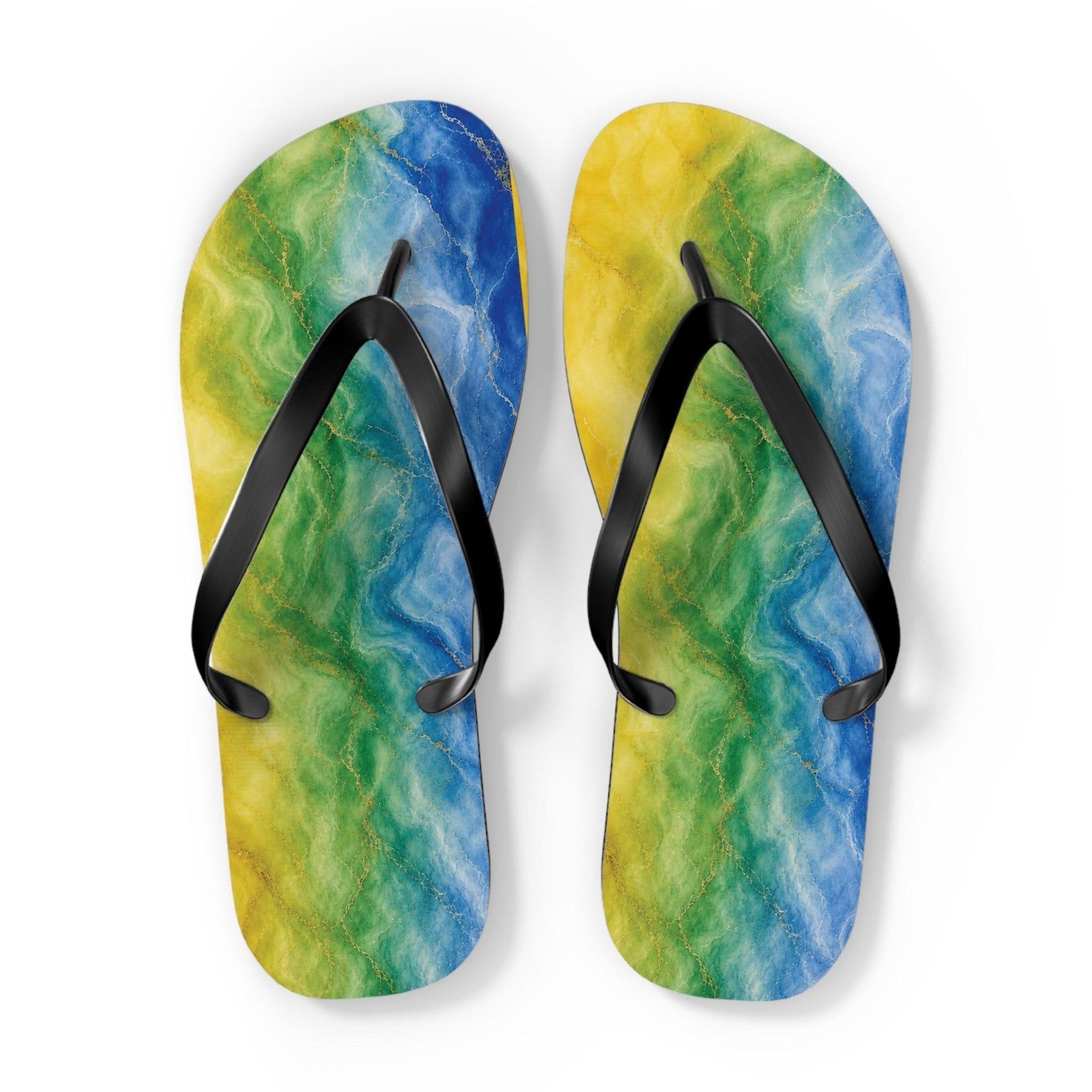 blue green yellow marble flip flops for women | colorful swirl beach sandals | lightweight summer slippers