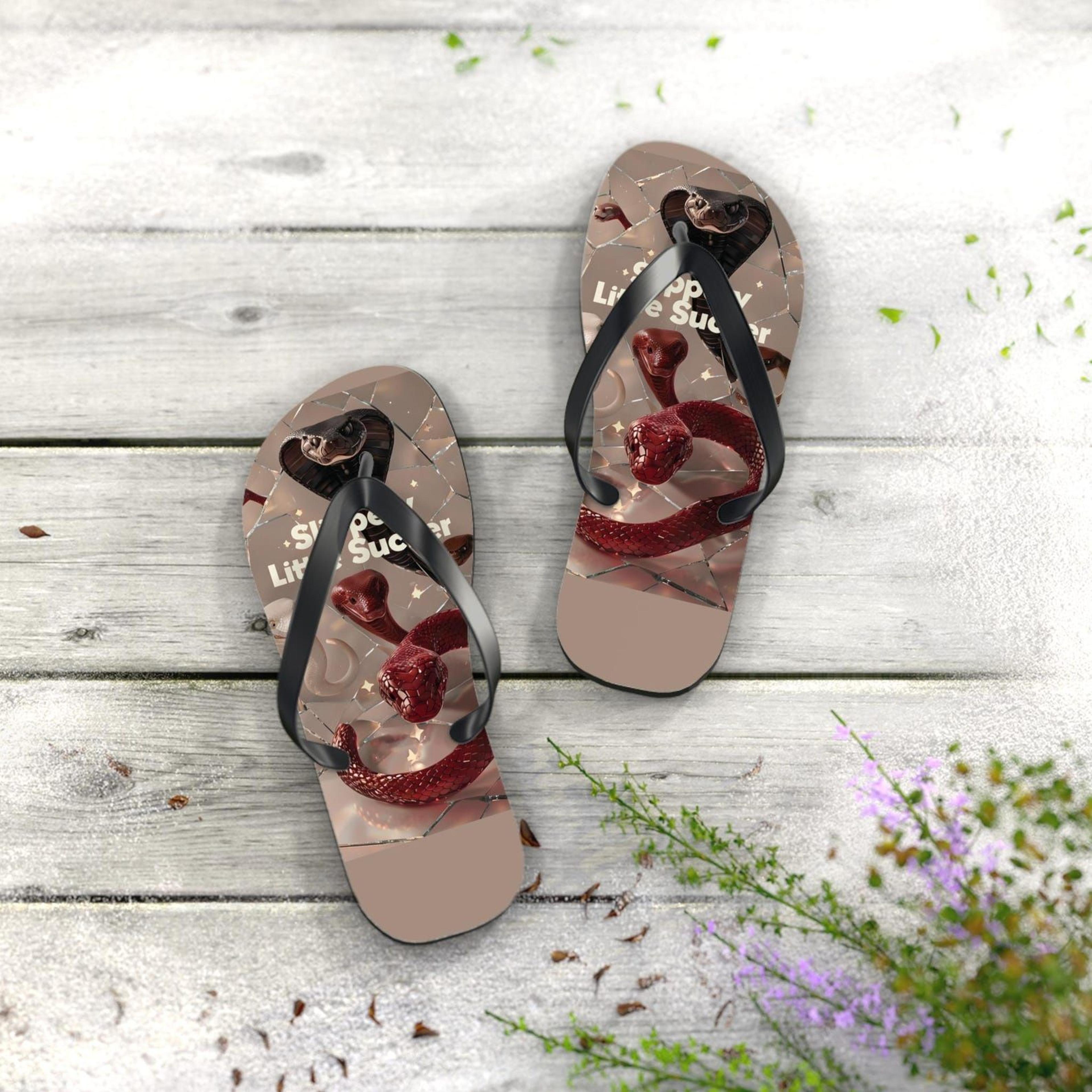 red snake art flip flops for women | surreal snake beach sandals | artistic summer vacation slippers
