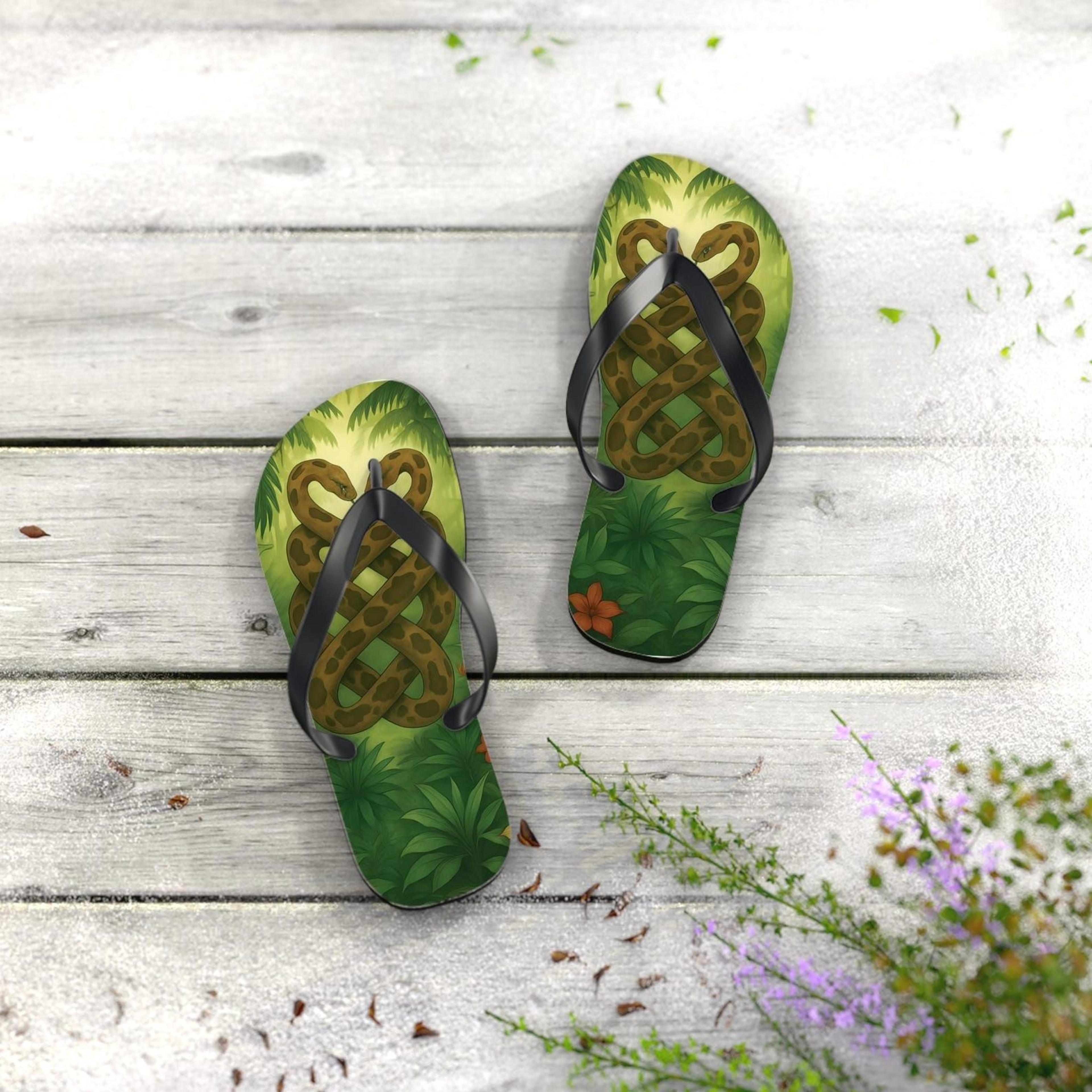 jungle snake flip flops for women | tropical forest beach sandals | green nature summer slippers