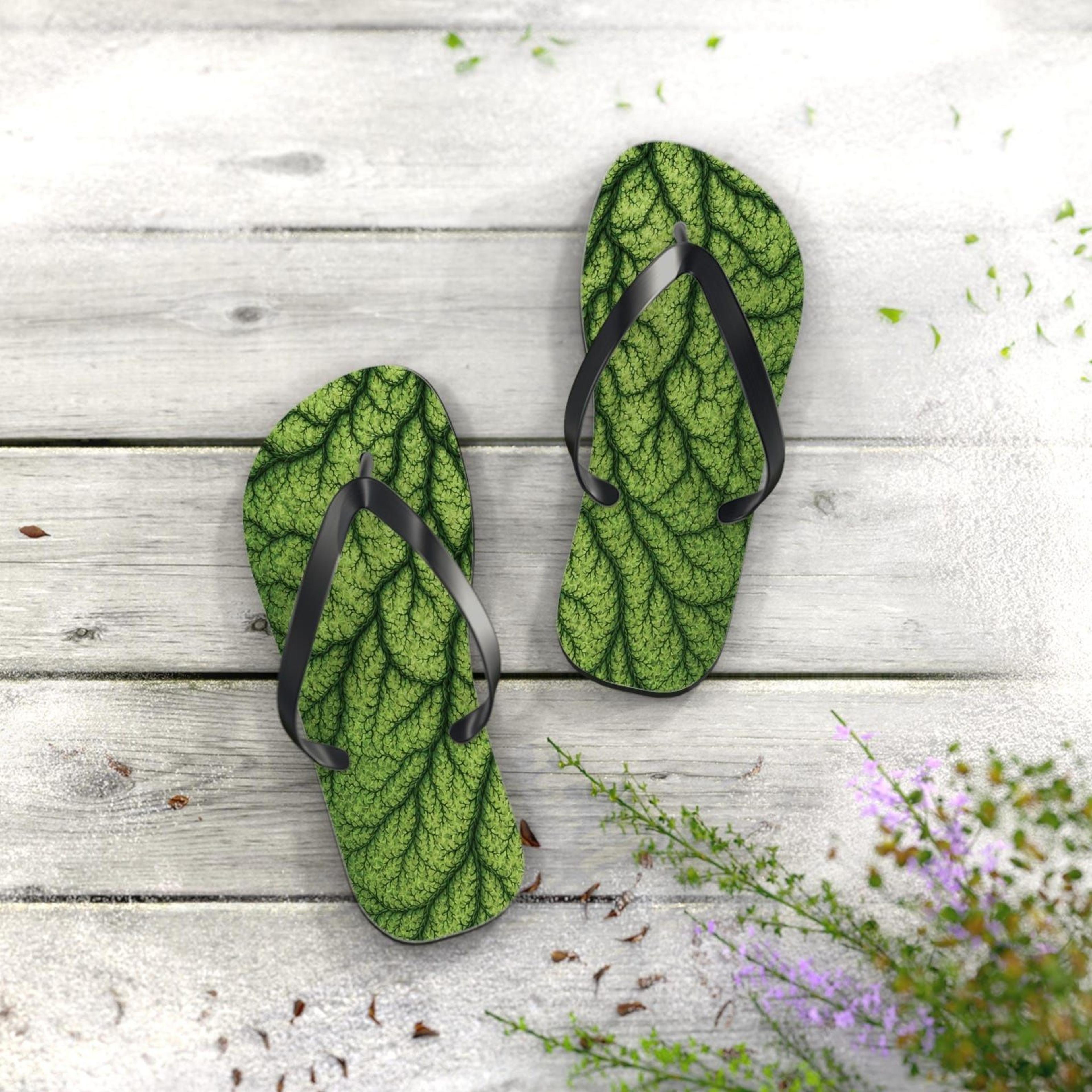 green leaf vein flip flops for women | botanical beach sandals | nature inspired summer slippers