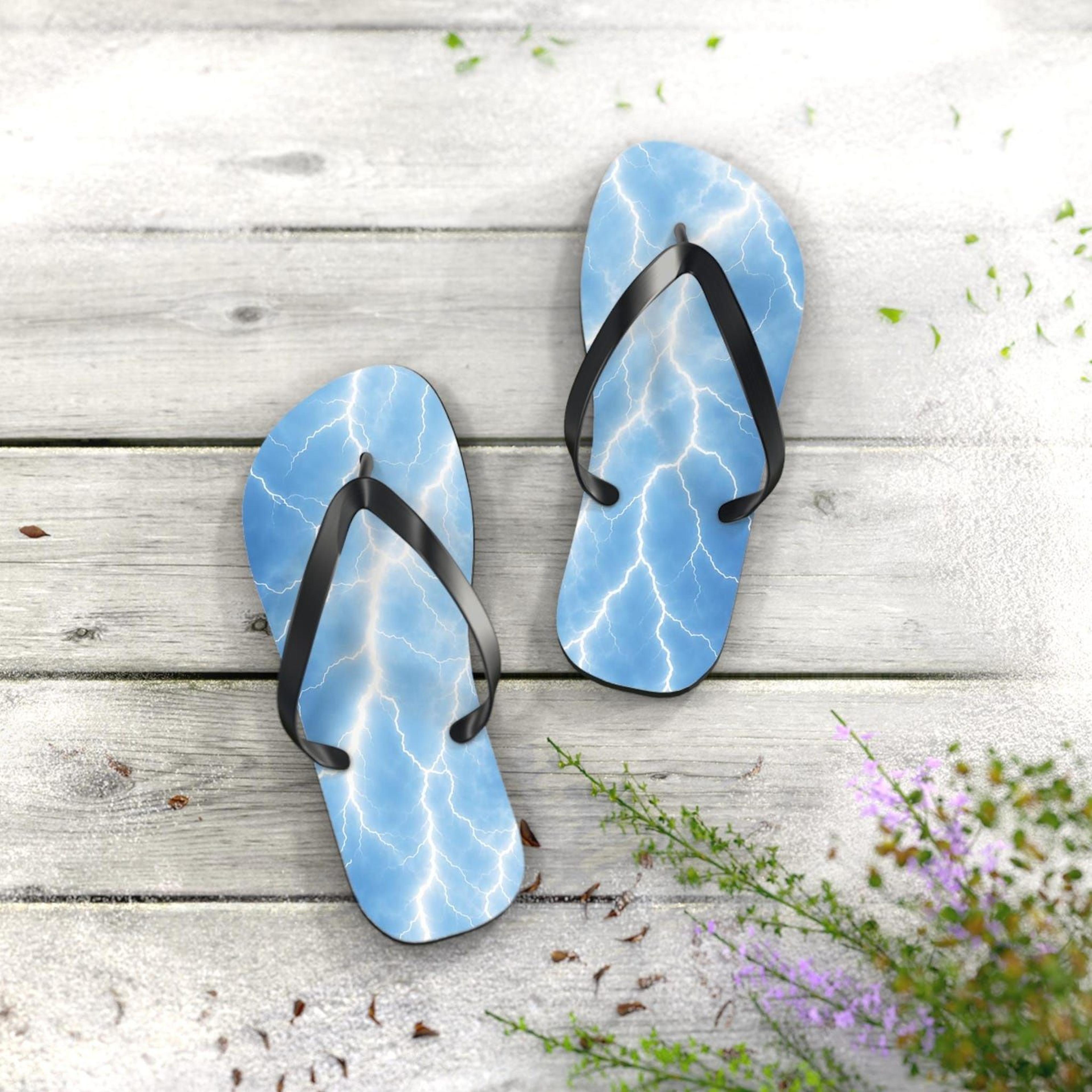 blue lightning pattern flip flops for women | storm wave beach sandals | lightweight summer slippers