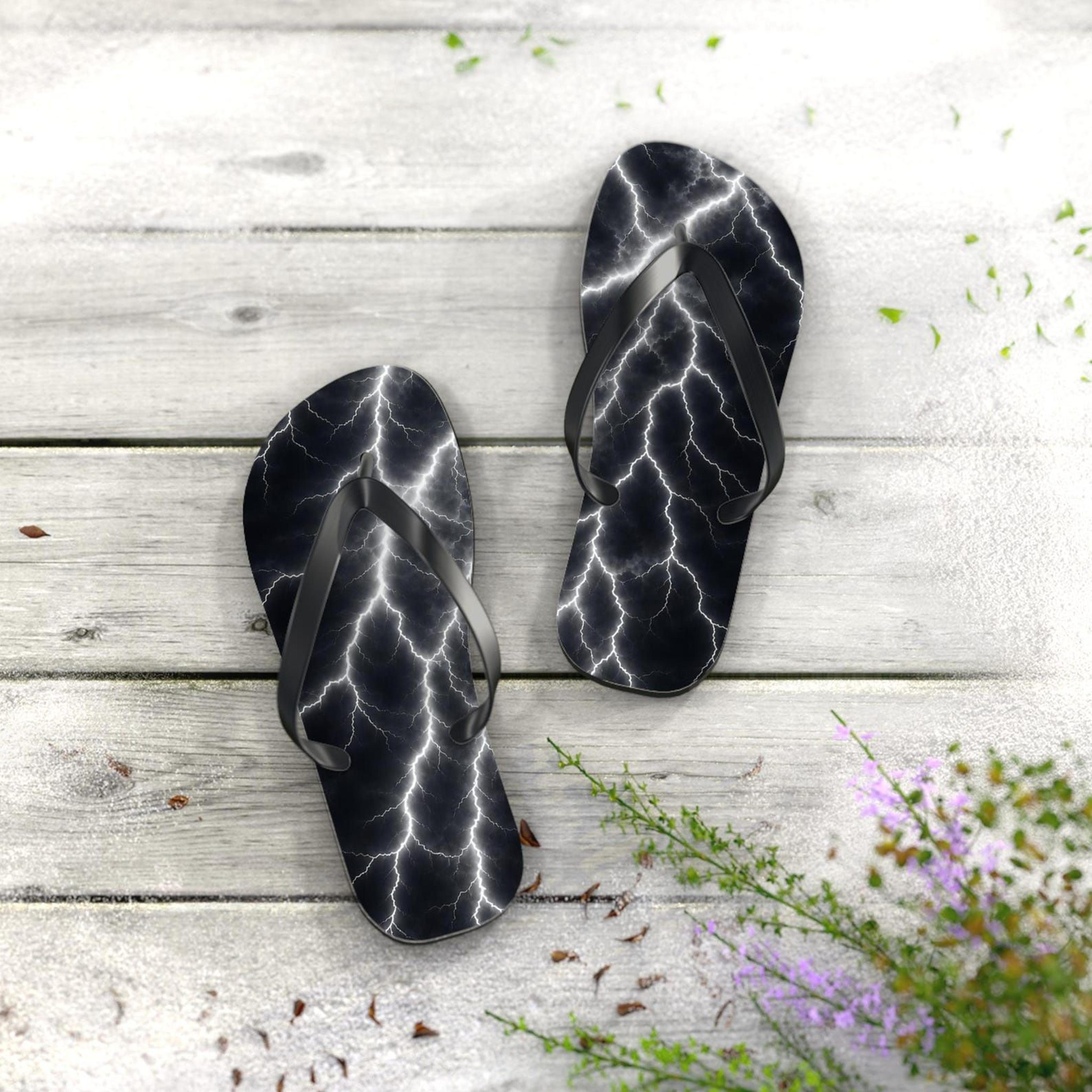 black lightning pattern flip flops for women | stormy electric beach sandals | lightweight summer slippers