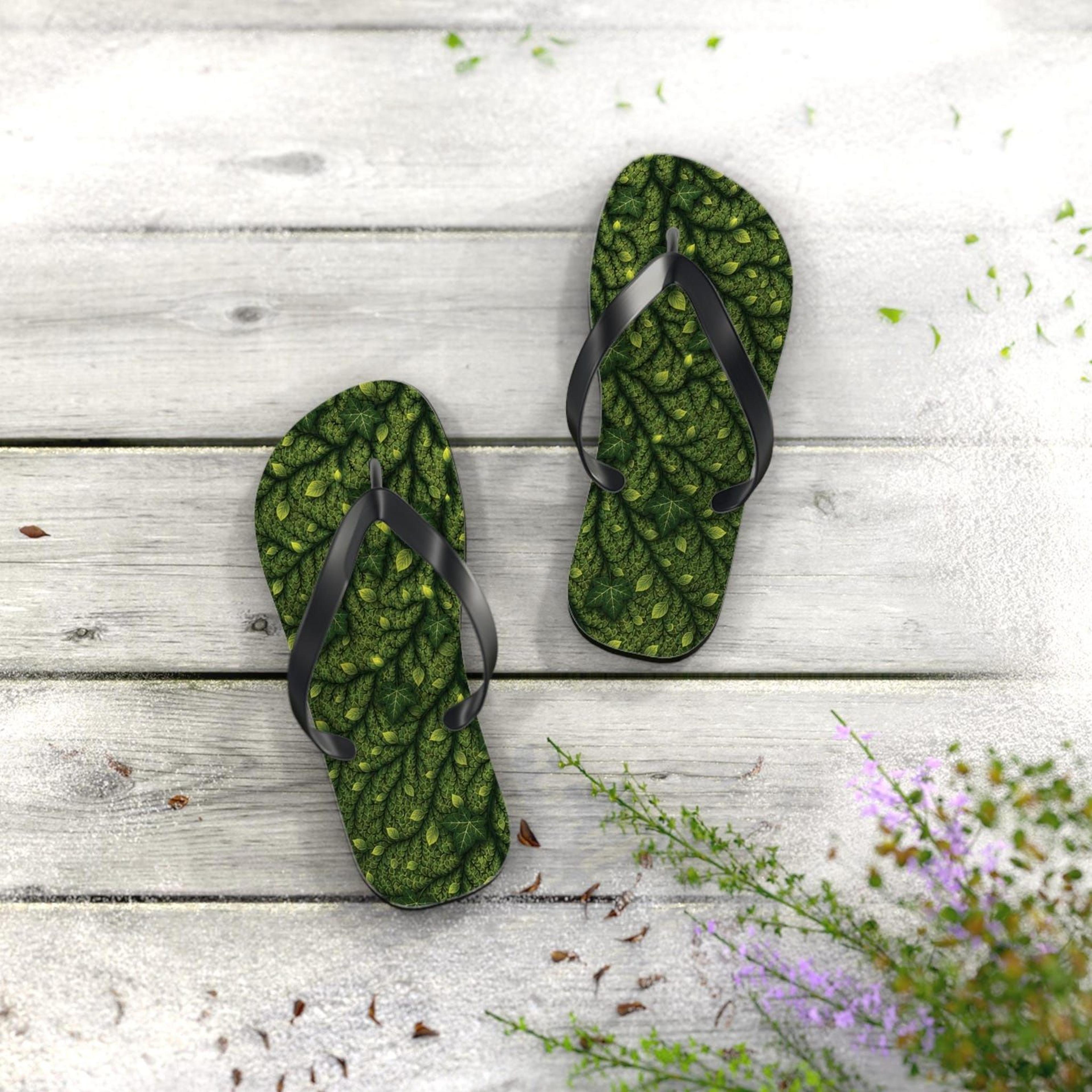 green leaf texture flip flops for women | tropical botanical beach sandals | lightweight summer slippers