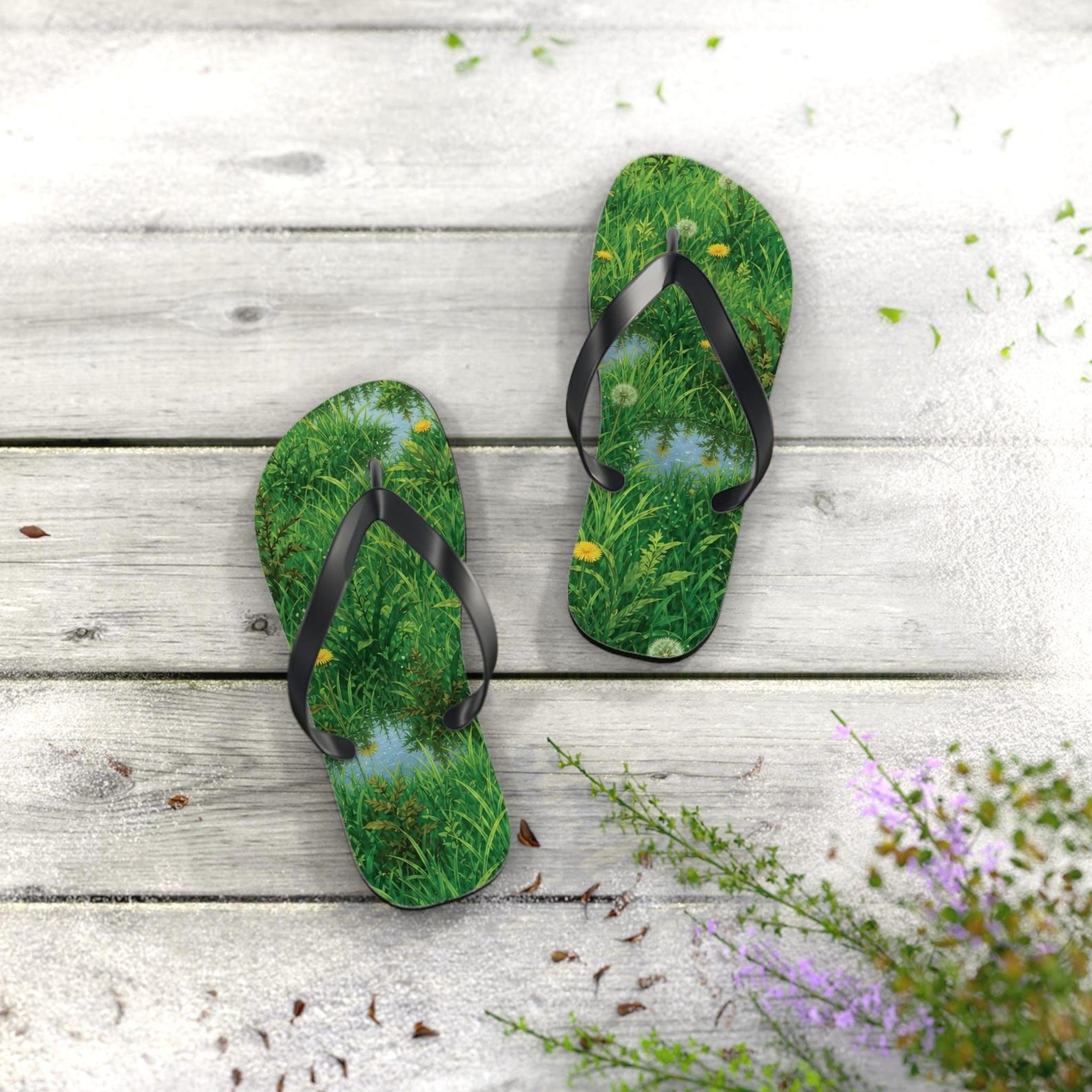 dandelion meadow flip flops for women | grass print beach sandals | nature inspired summer slippers