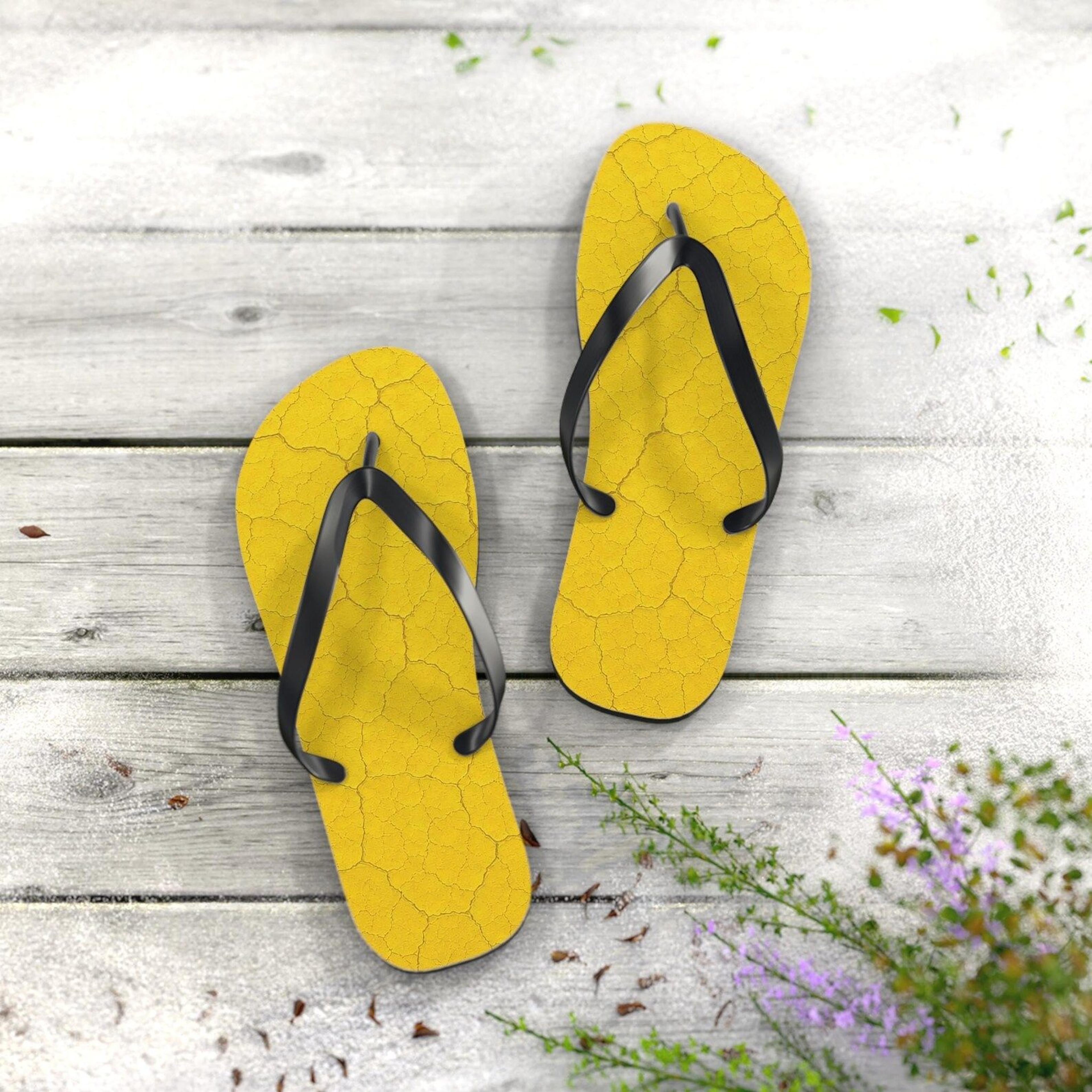 yellow cracked texture flip flops for women | beach summer sandals | lightweight vacation slippers