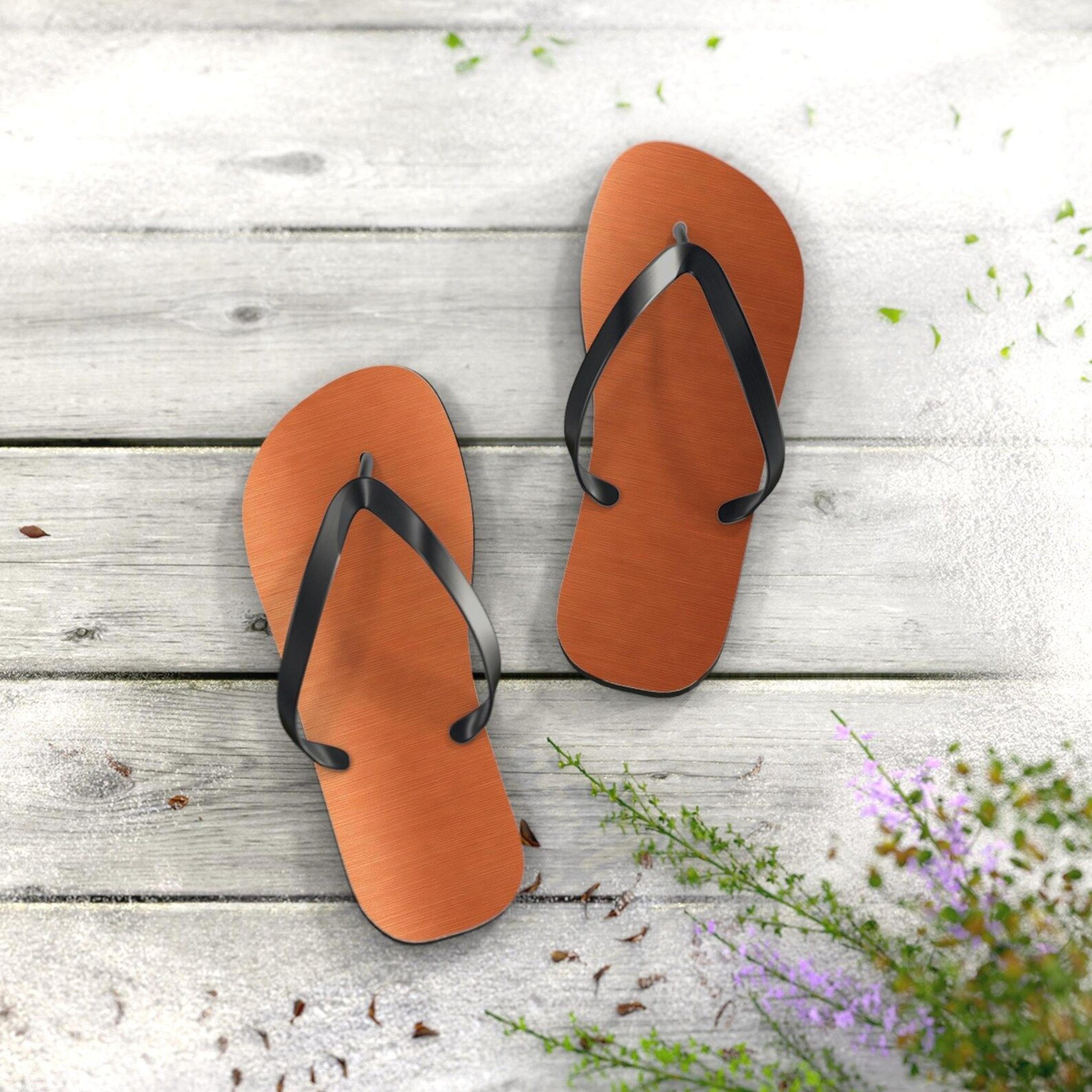 rust leather texture flip flops for women | rustic beach sandals | lightweight summer vacation slippers