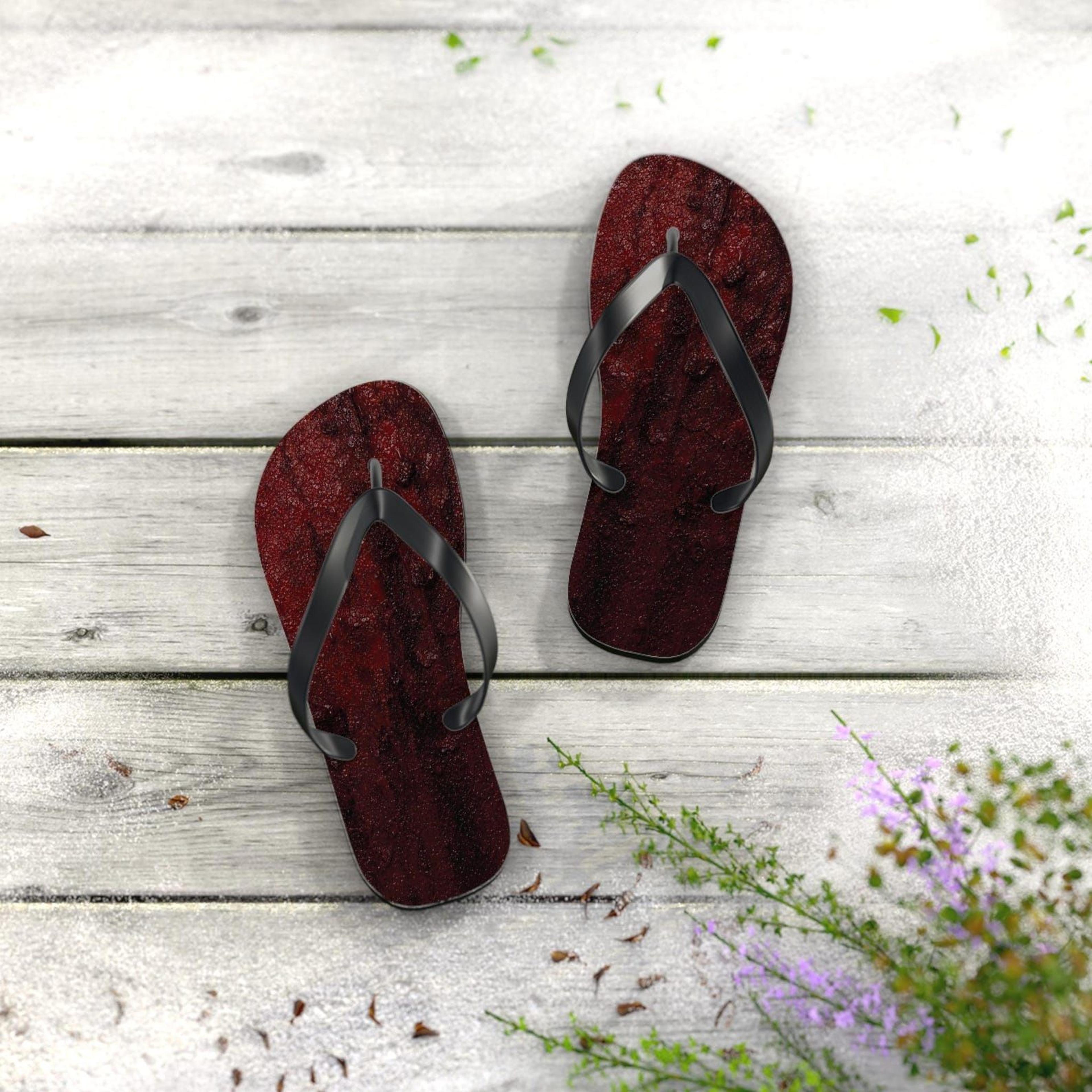 dark red stone texture flip flops for women | crimson beach sandals | lightweight summer vacation slippers