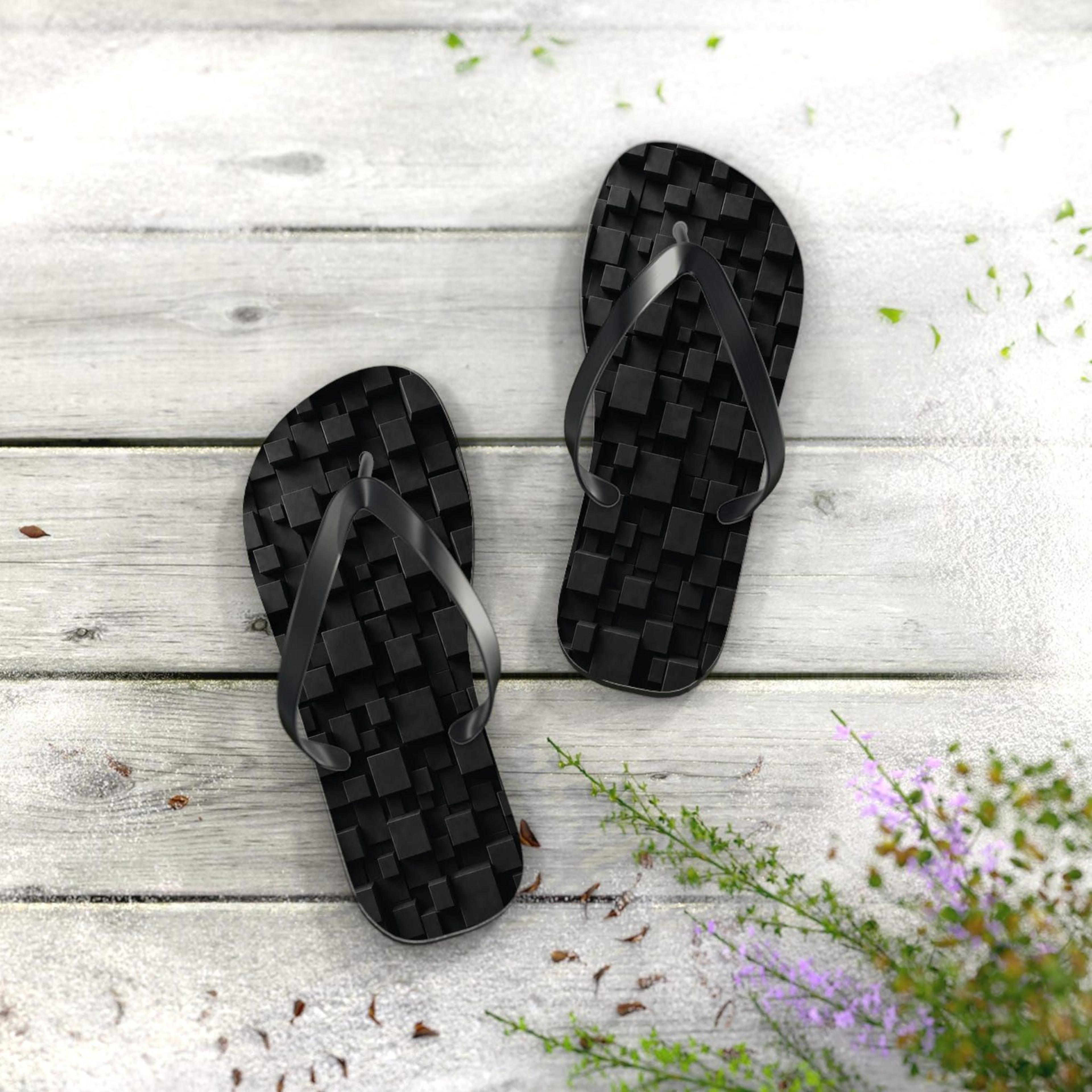 dark grey 3d block pattern flip flops for women | geometric beach sandals | lightweight summer vacation slippers