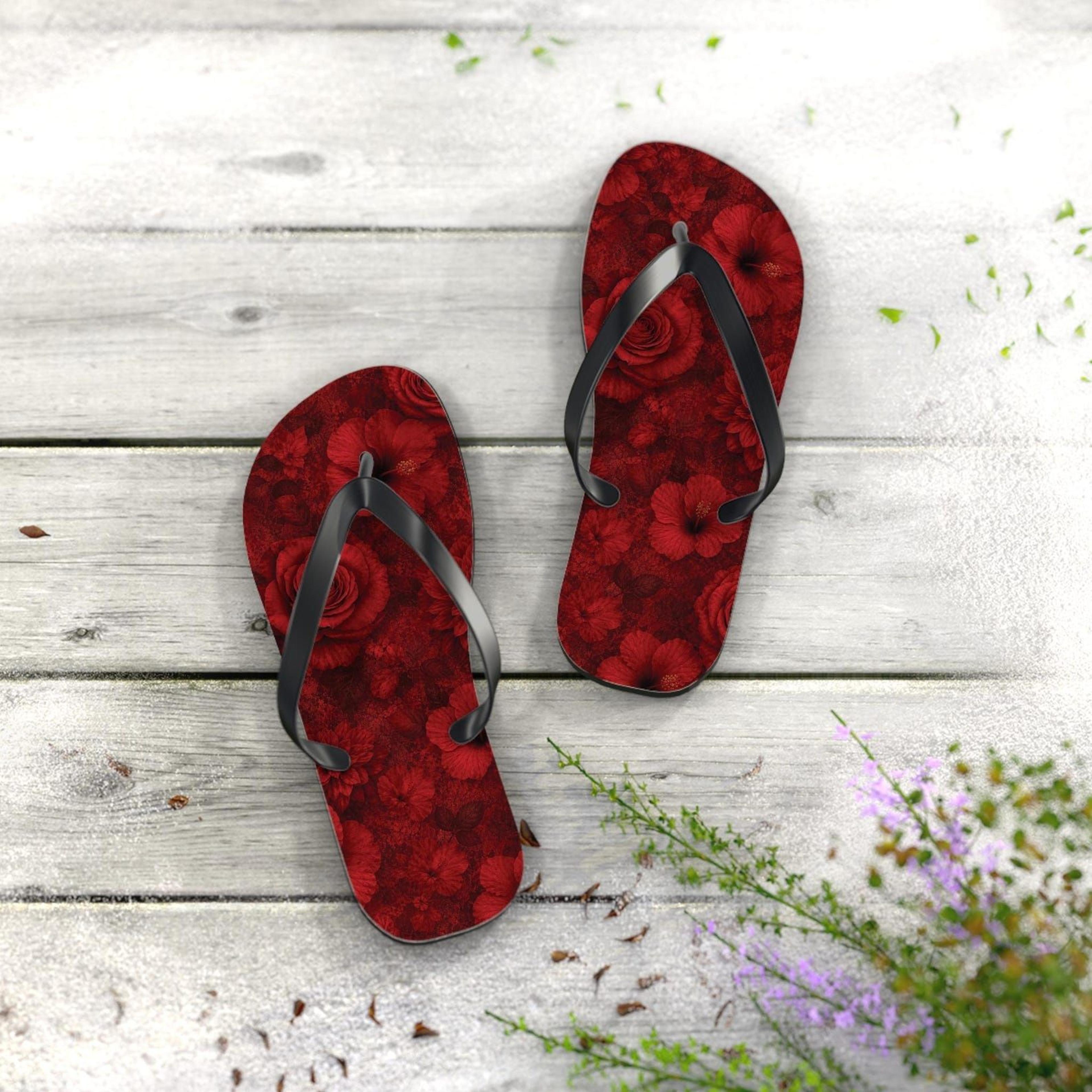 red floral pattern flip flops for women | rose hibiscus beach sandals | lightweight summer vacation slippers