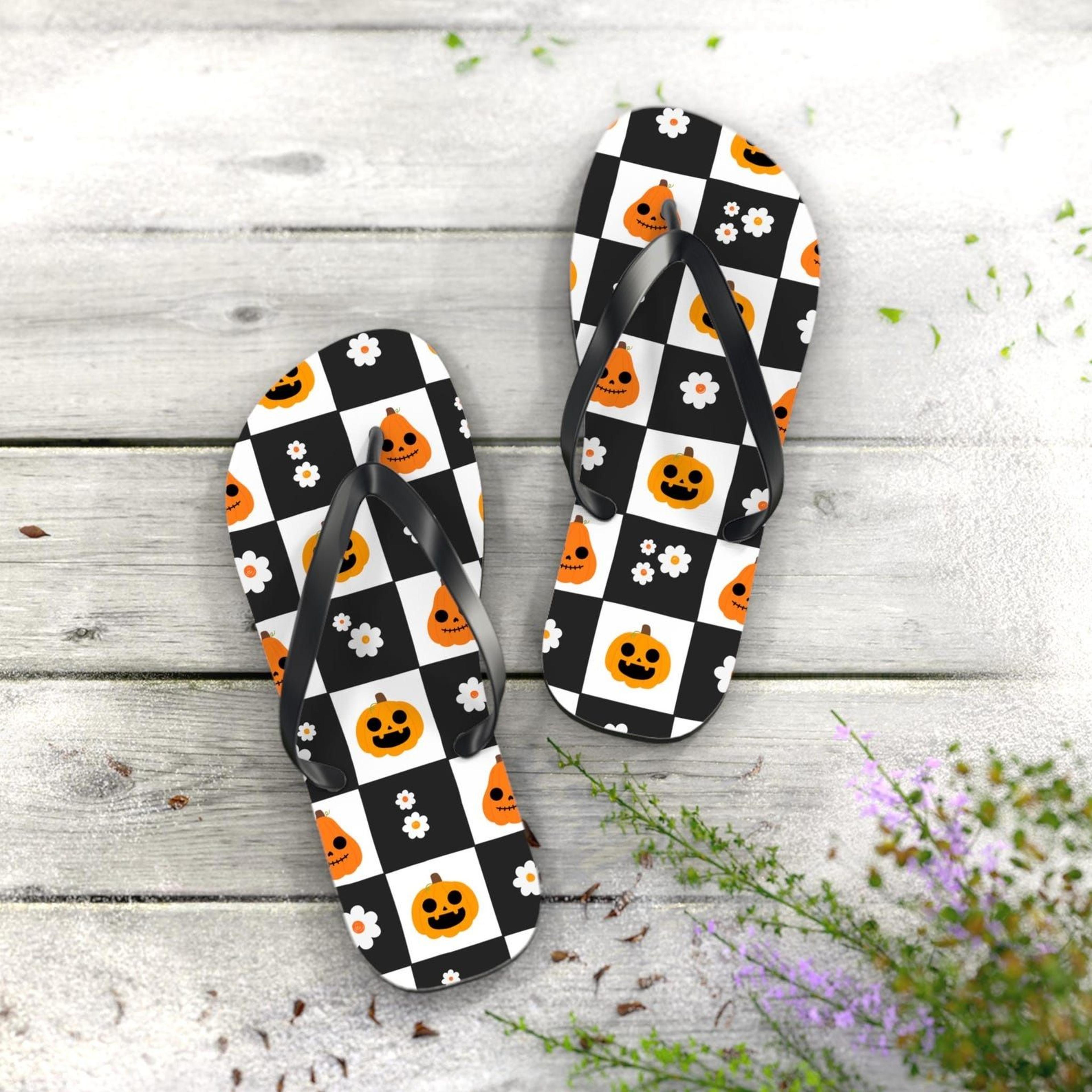 spooky cute halloween flip flops for women | pumpkin checkerboard beach sandals | goth summer slippers
