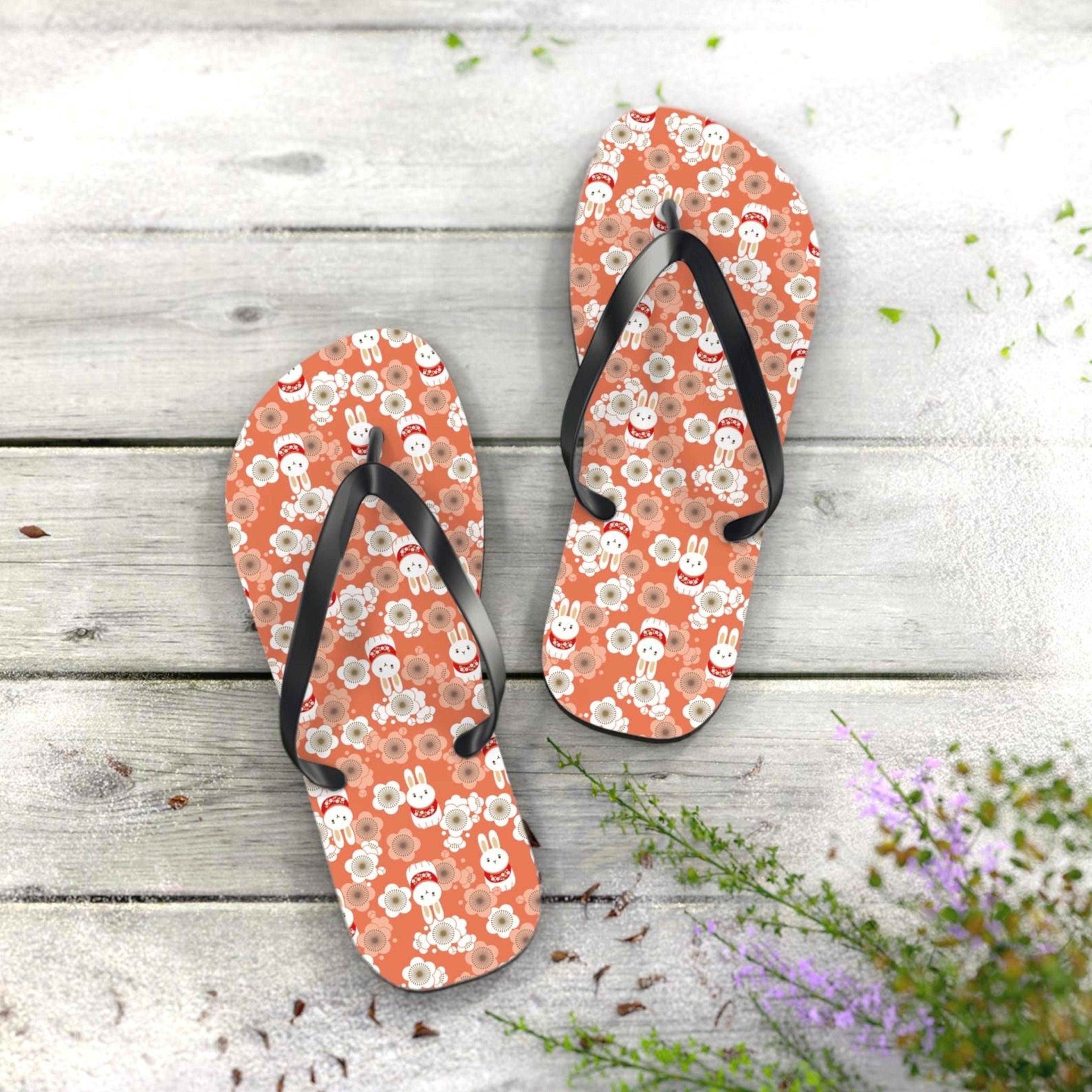 kawaii rabbit flip flops for women | cute bunny floral beach sandals | cottagecore summer slippers