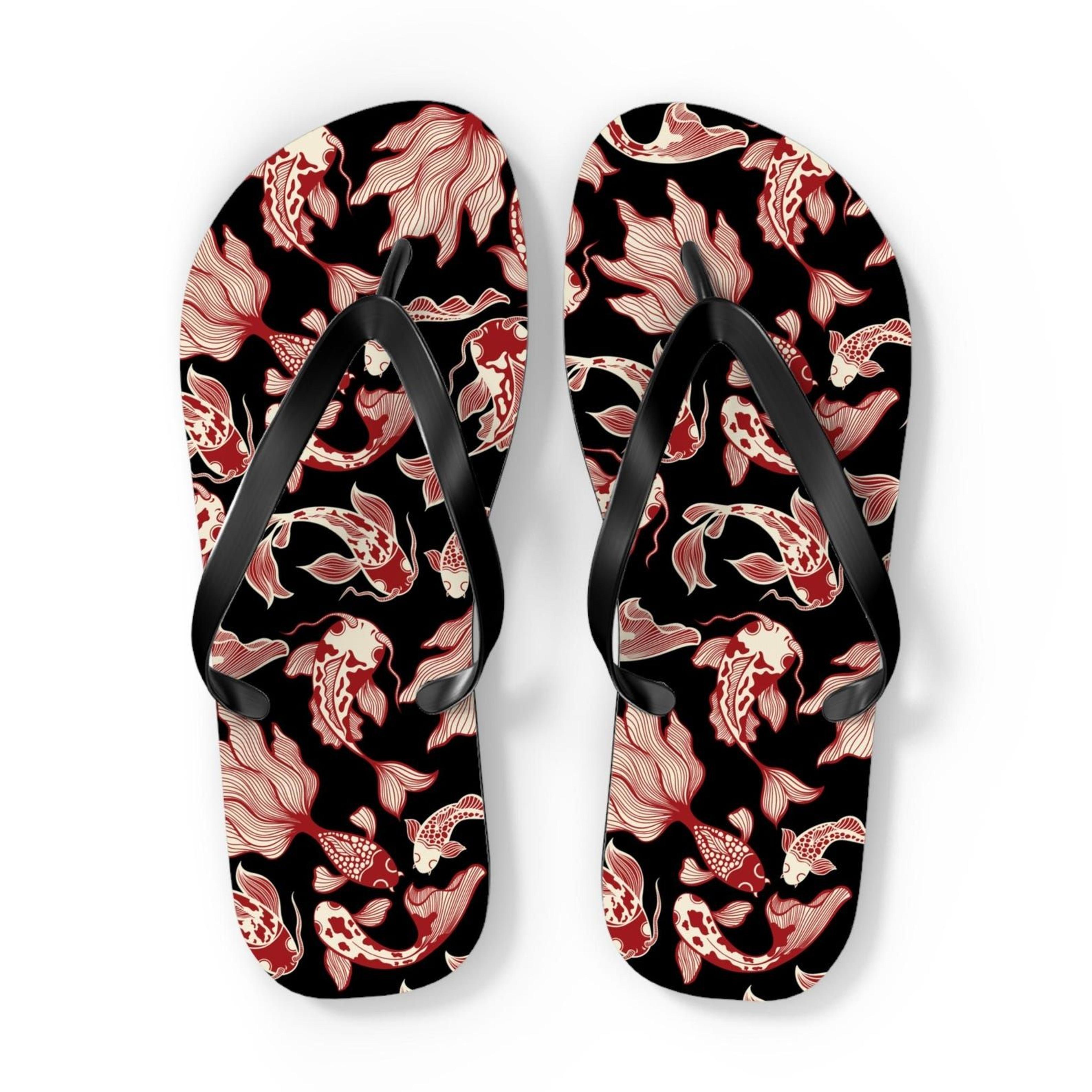 red black koi fish flip flops japanese art sandals traditional asian wave beach footwear