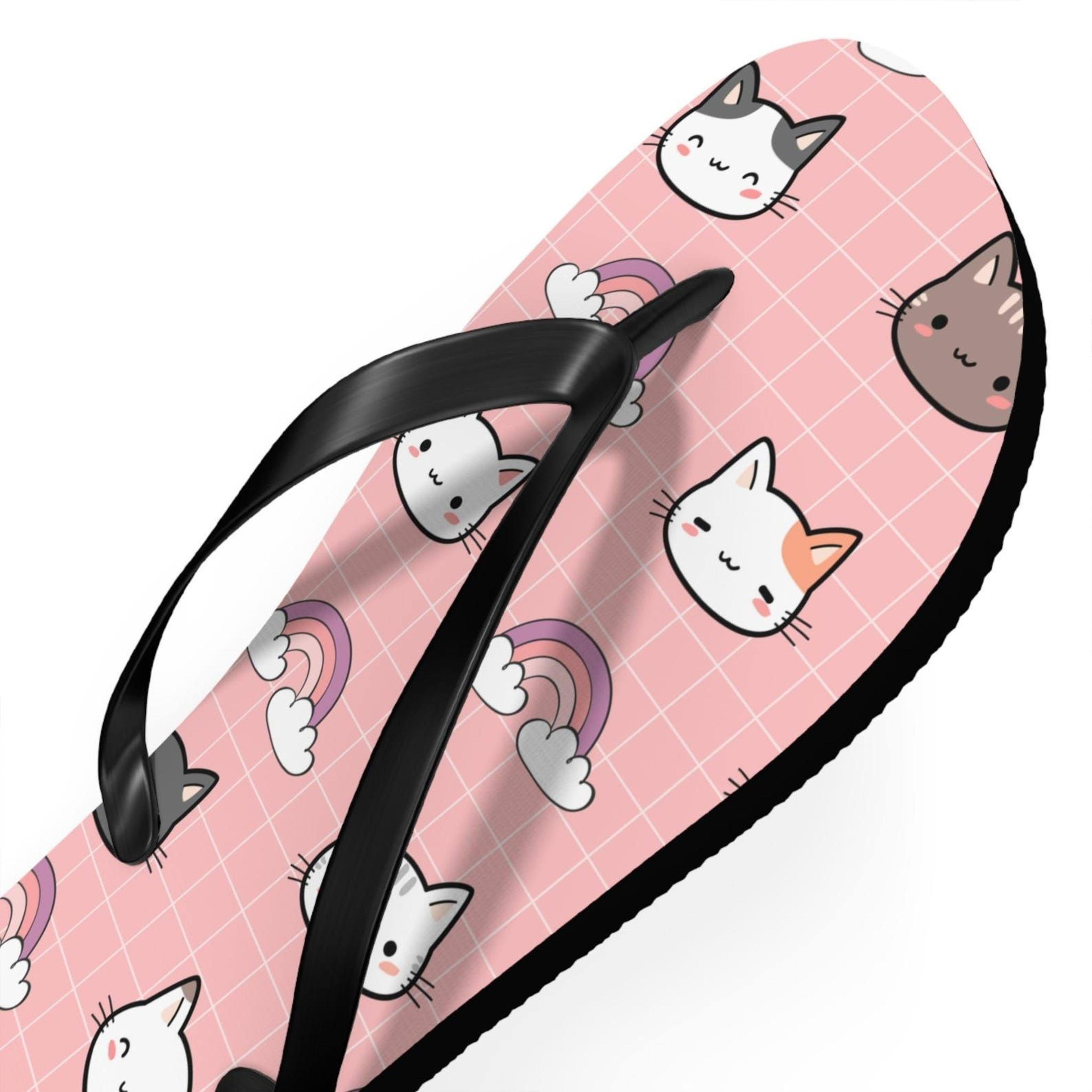 kawaii cat flip flops cute pink grid sandals chibi kitty summer beach footwear