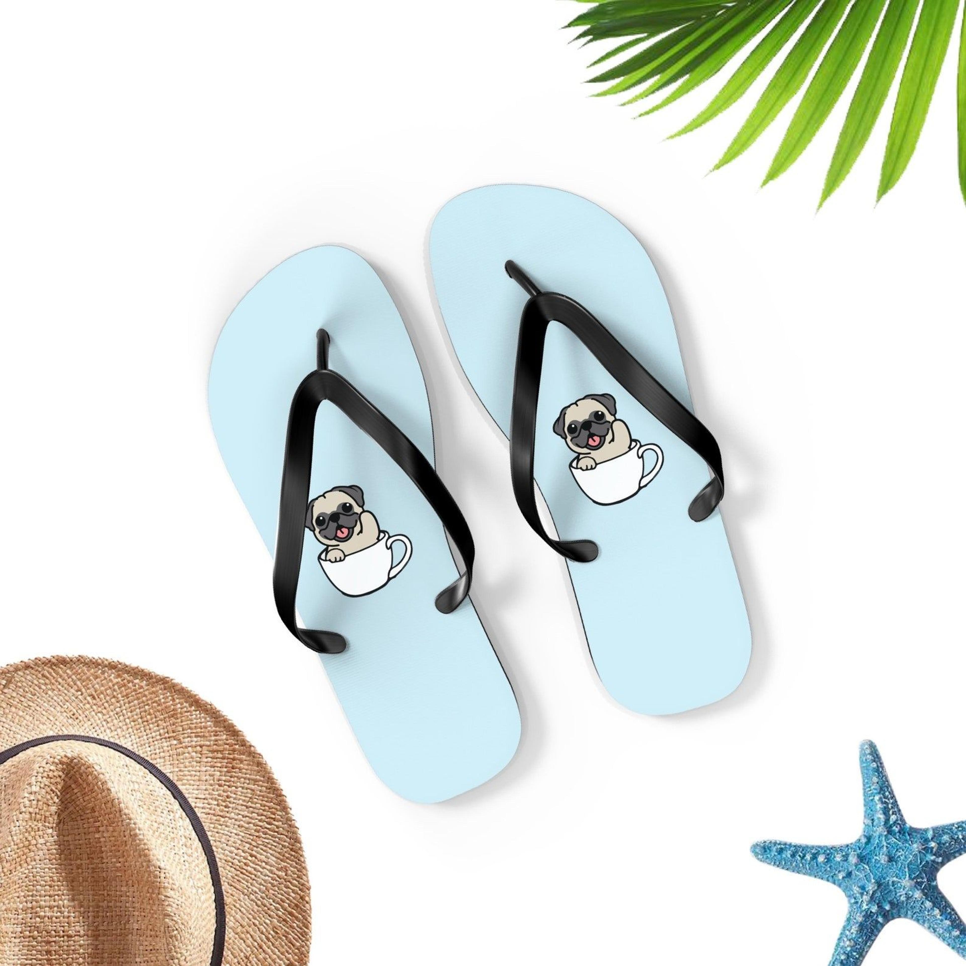 cute pug flip flops for men & women | pug dog sandals | fun beach summer footwear