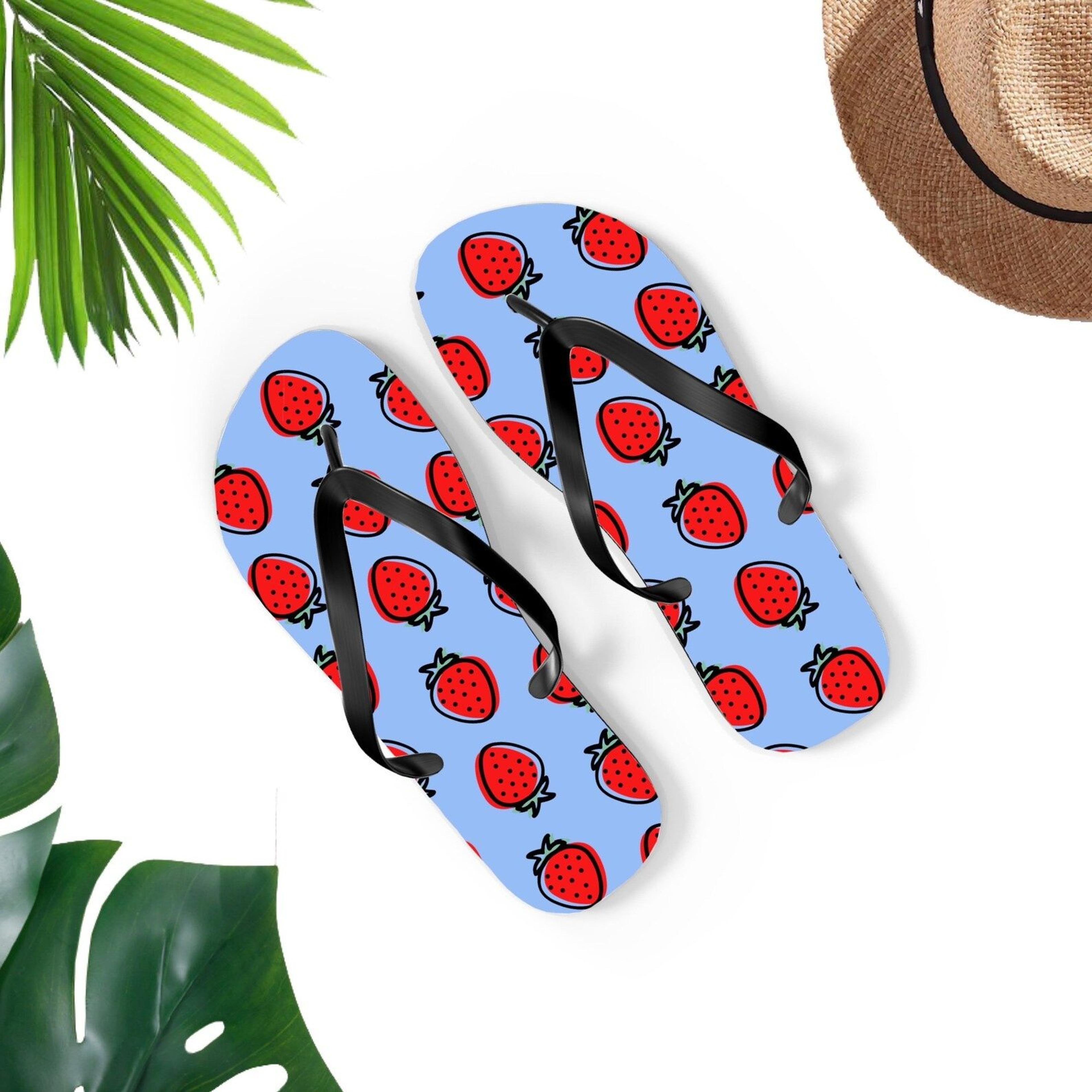 cute strawberry flip flops for men & women | strawberry sandals | fun summer beach footwear