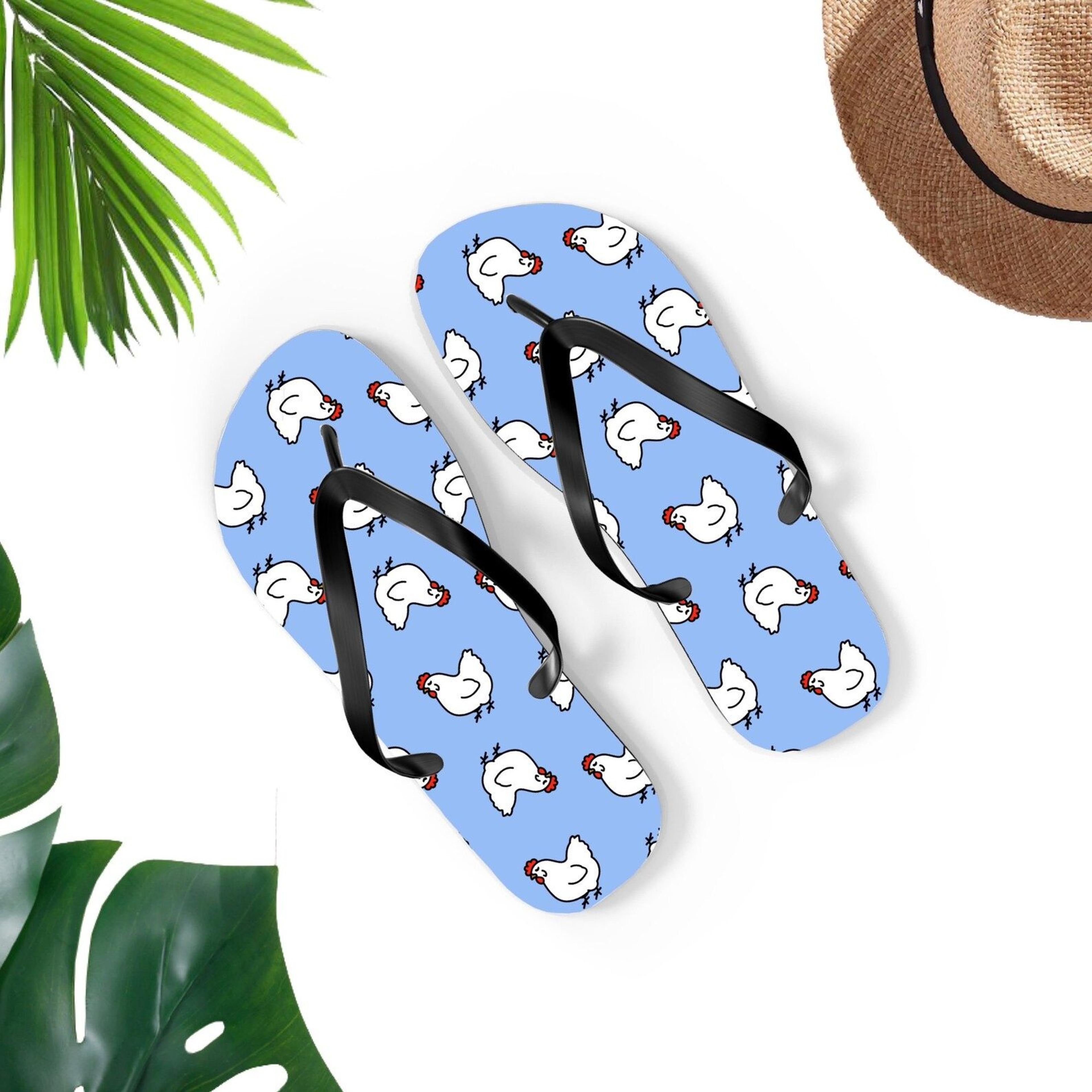 cute chicken flip flops for men & women | chicken sandals | fun farm animal beach footwear