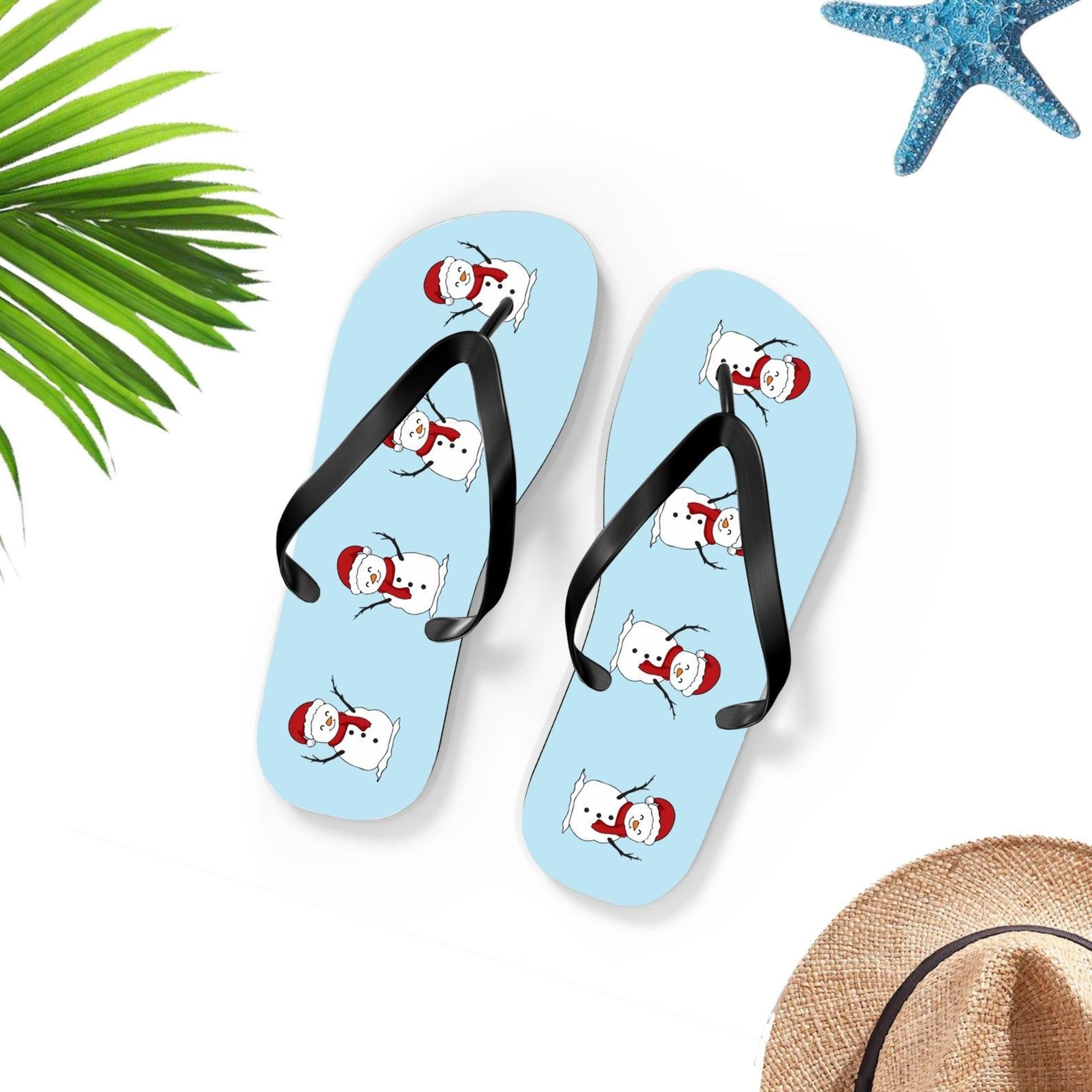 christmas snowman flip flops for men & women | holiday sandals | festive winter footwear