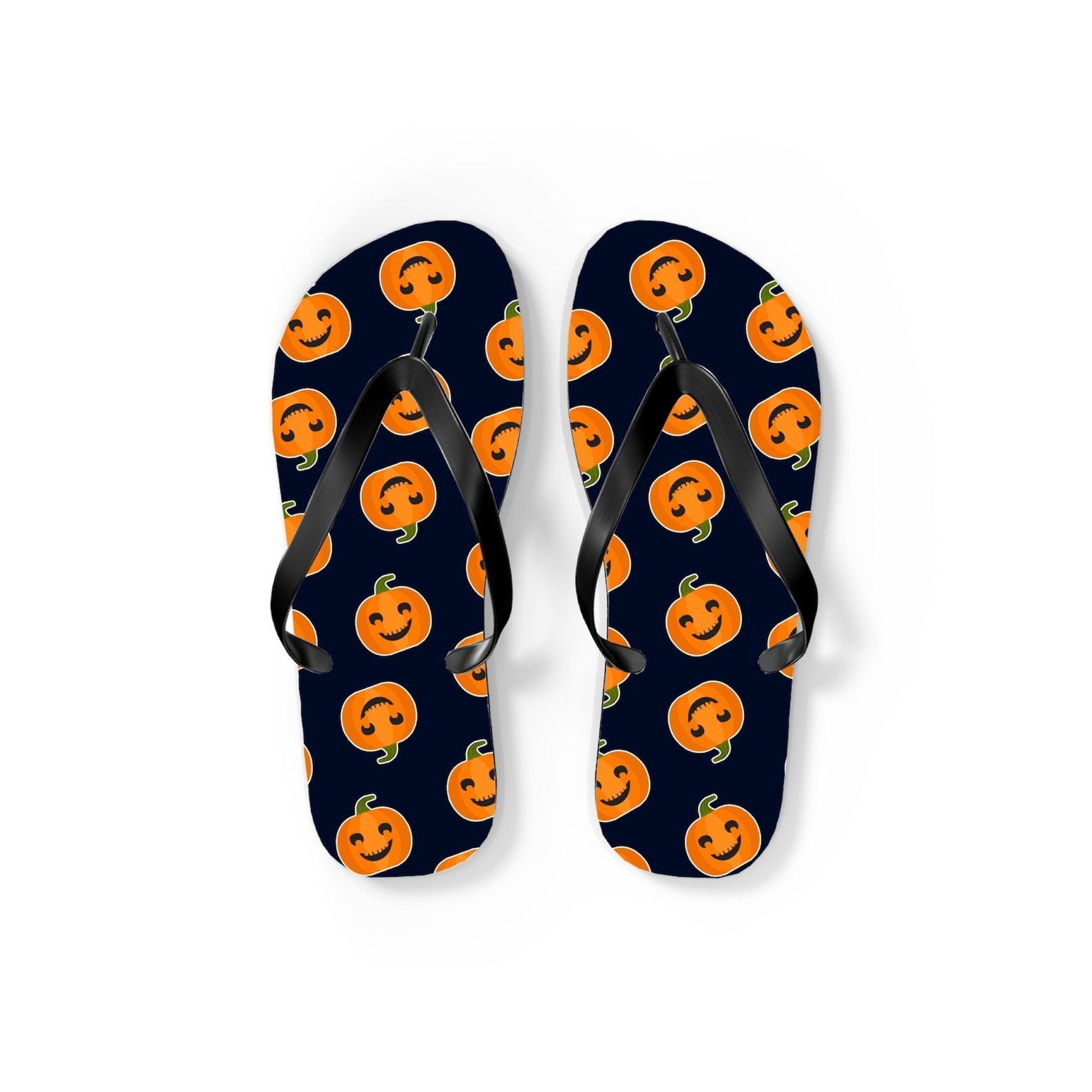 halloween pumpkin flip flops for men & women | spooky pumpkin sandals | festive holiday footwear