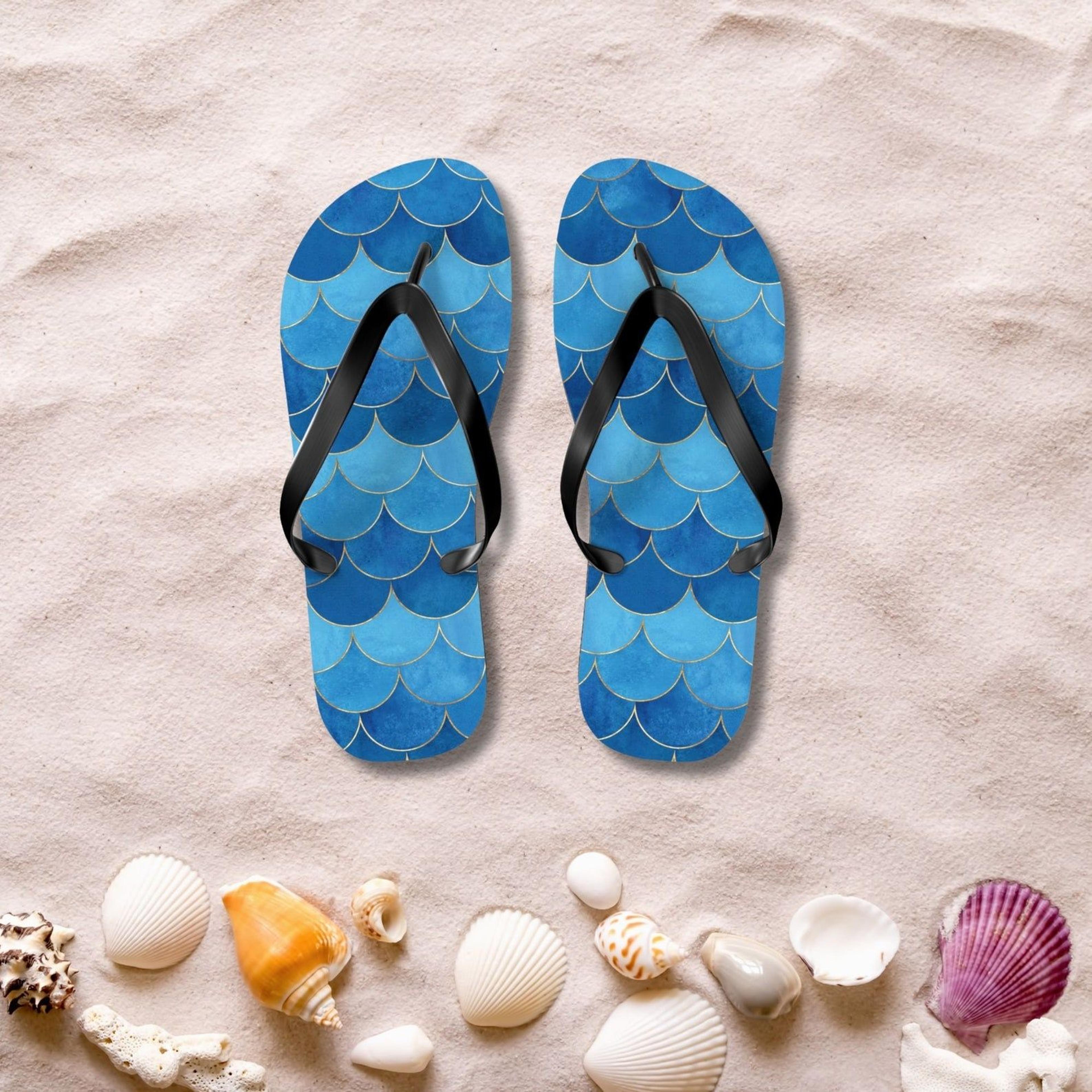 blue fish scale flip flops for women | blue fish scale flip flops | mermaid beach flip flops